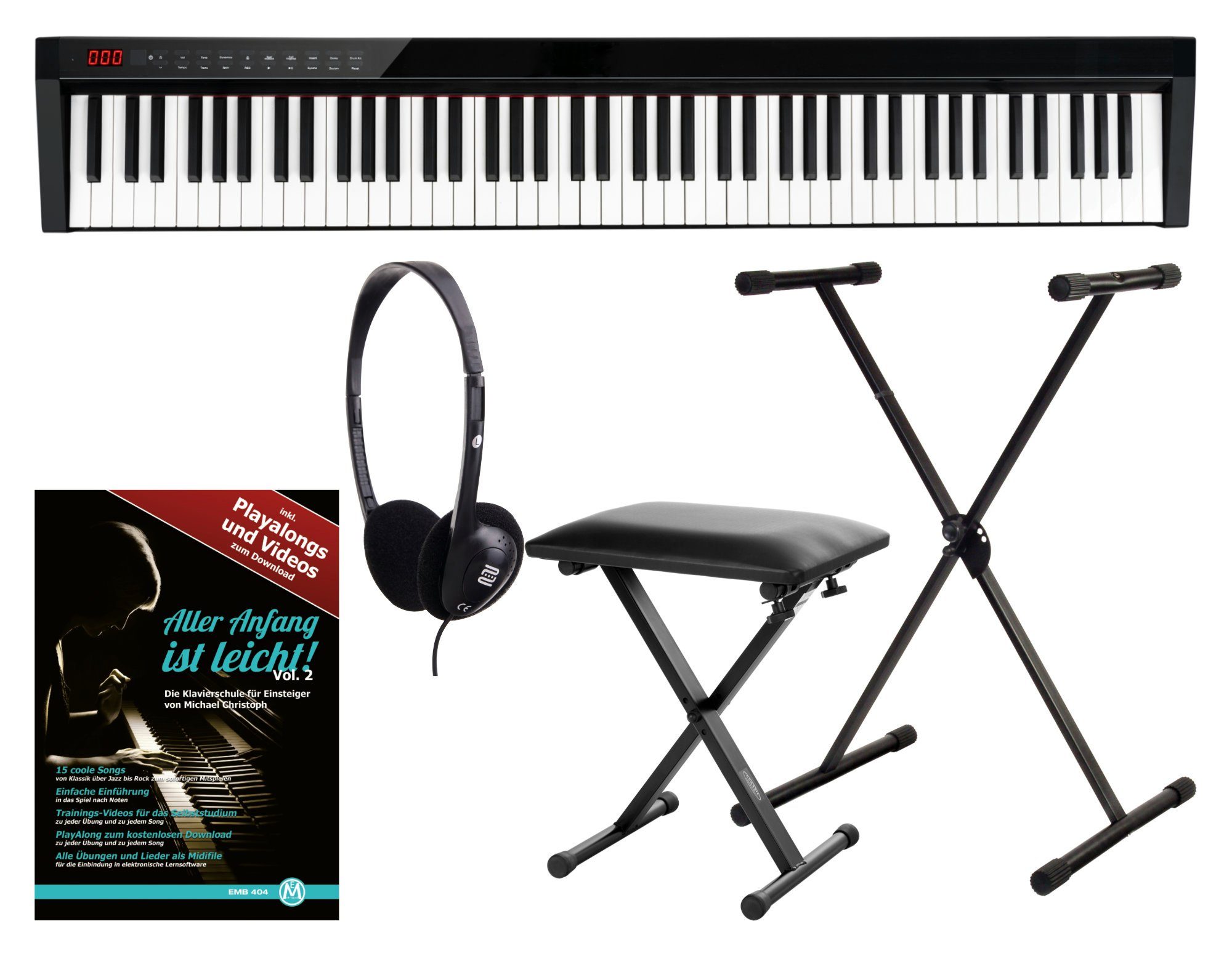 FunKey Home Keyboard SP-588 Easy-Piano - 88 Tasten-Keyboard Anschlagdynamik, (Spar-Set, 5 tlg., inkl. Tasche, Sustain-Pedal, Ständer, Headset & Hocker), USB-MIDI, Bluetooth-MIDI und Bluetooth-Audio