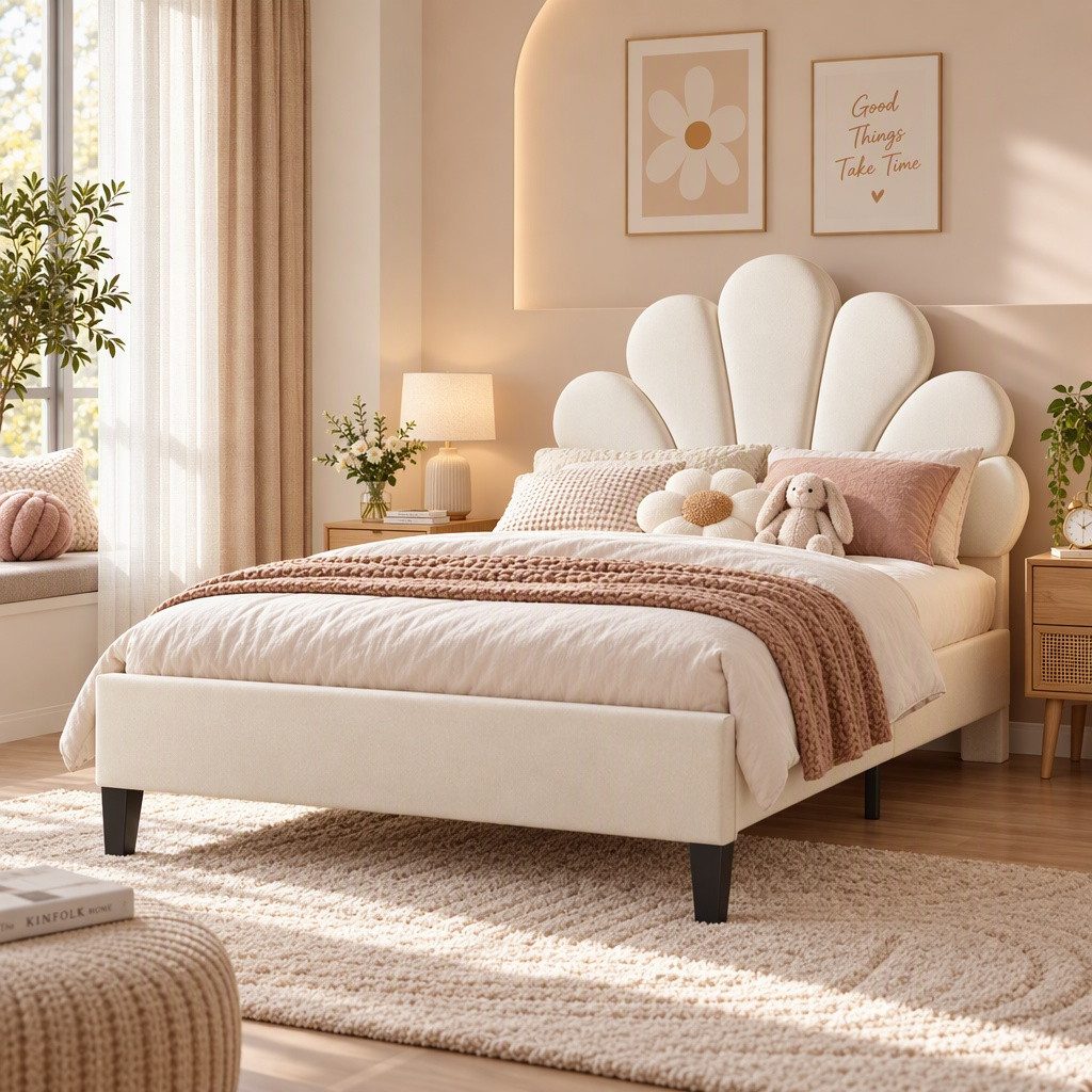 NMCXXO Polsterbett Bettrahmen mit Schalen-Design und gepolstertem Kopfteil – Kinderbett (Ideal für ein Märchenhaftes Kinderzimmer), Elegantes Bett für das Kinderzimmer, ideal für süße Träume.