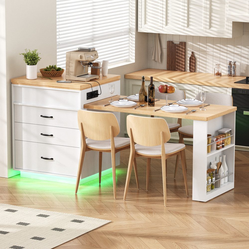 BBWL Kücheninsel mit Rollen Ausziehbarer Esstisch mit LED-Beleuchtung, Steckdosen, Kücheninsel, Sideboard und Bartisch