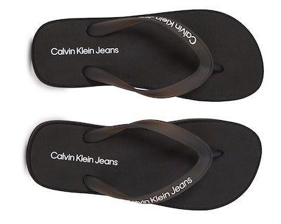 Strand für und Badeausflüge Calvin Klein Zehentrenner LOGO schwarz-weiß BEACH Jeans SANDAL FLATFORM