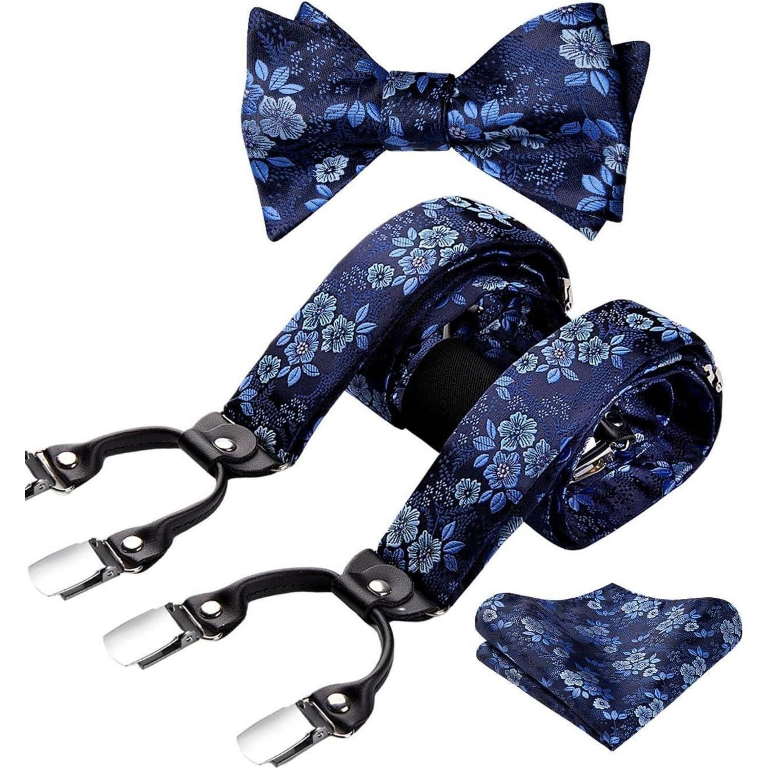 LuxusKollektion Hosenträger Hosenträger Herren Set Fliege elastisch längenverstellbar Blau Floral