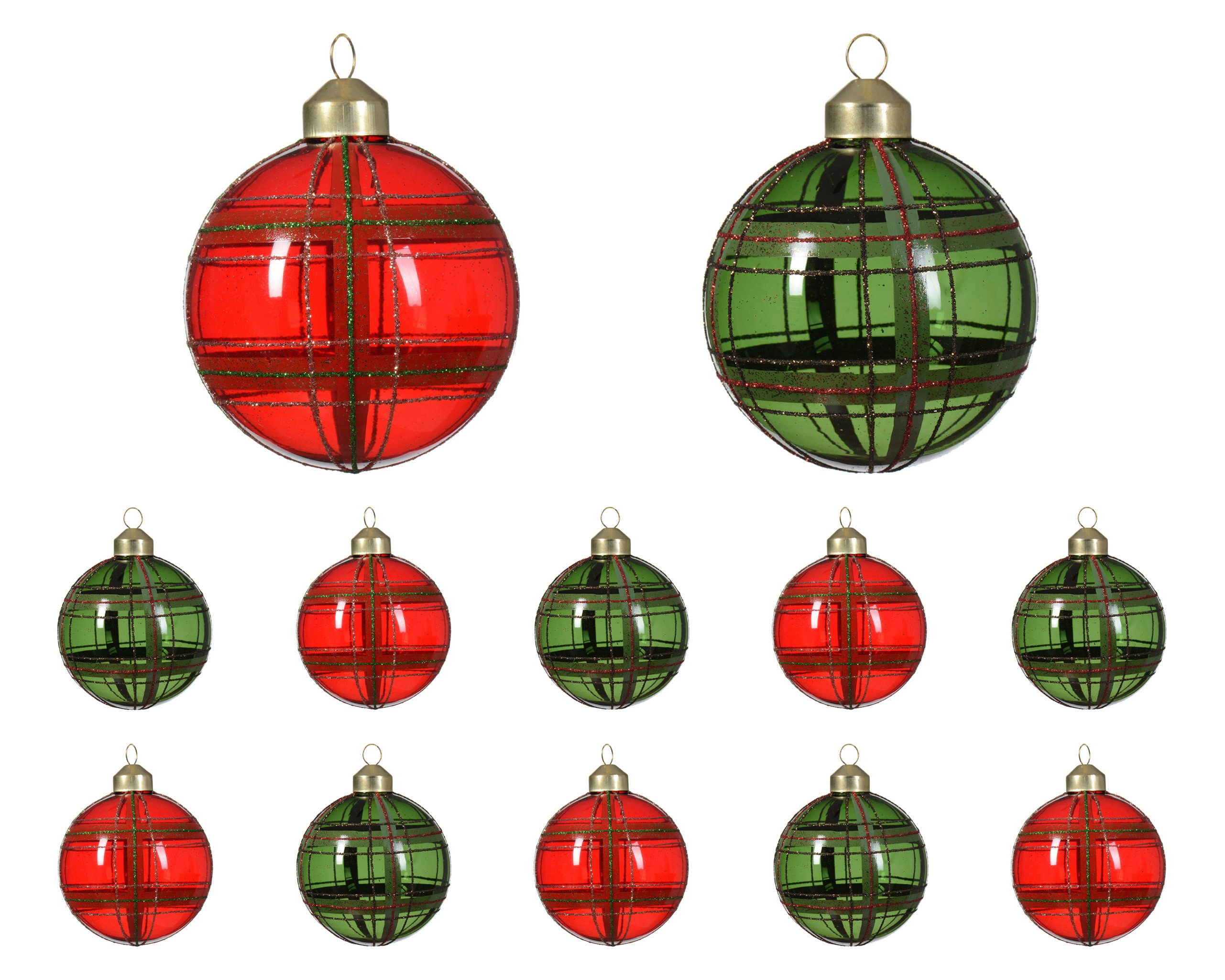Kaemingk Weihnachtsbaumkugel, Weihnachtskugeln Glas 8cm Karomuster 12er Set Rot / Dunkelgrün