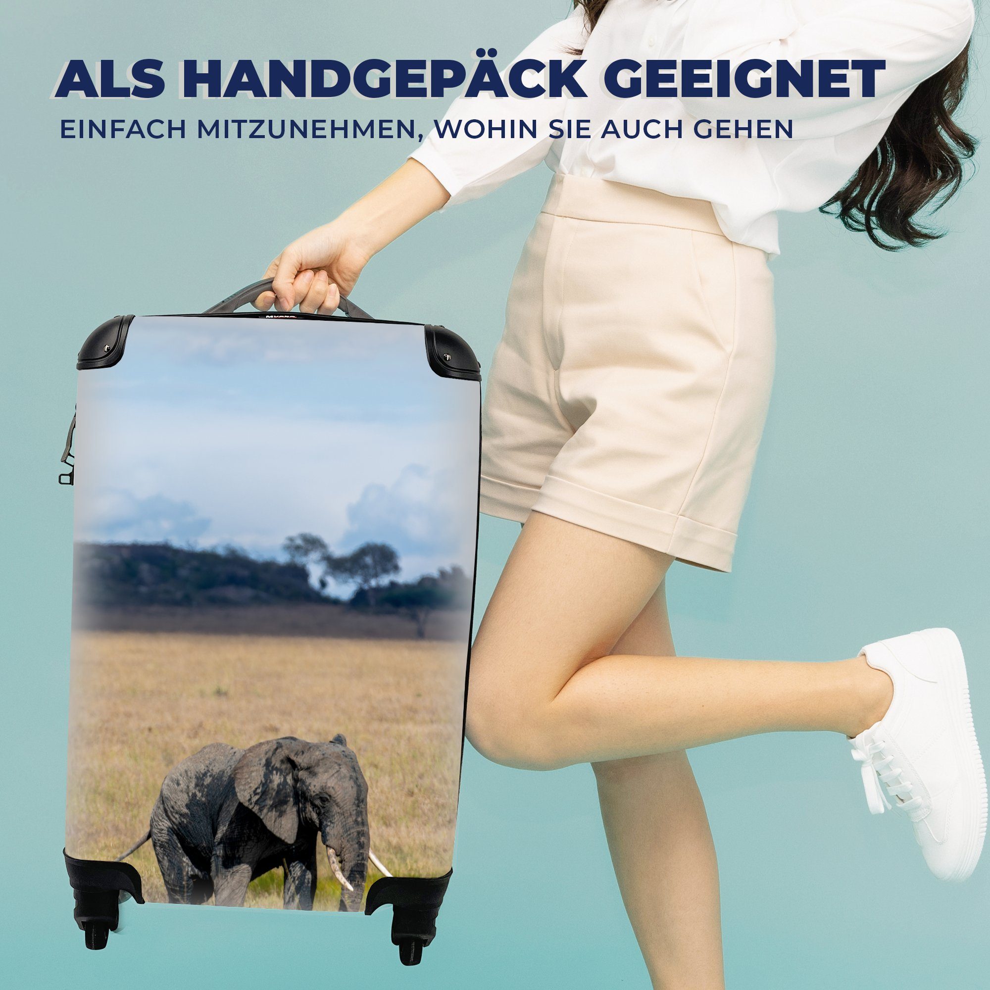 Reisetasche Handgepäck Tiere MuchoWow - Trolley, Rollen, mit rollen, Natur, Reisekoffer für Gras - Ferien, Elefant 4 - Handgepäckkoffer