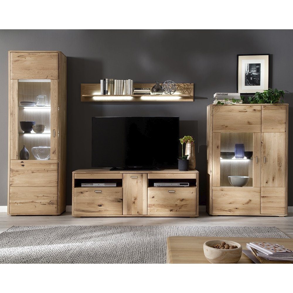 MCA Wohnwand-Set furniture cm Bianco massiv Mediawand 4-tlg.Wohnwandkombination Ravello ca. Anbauwand 339 Balkeneiche