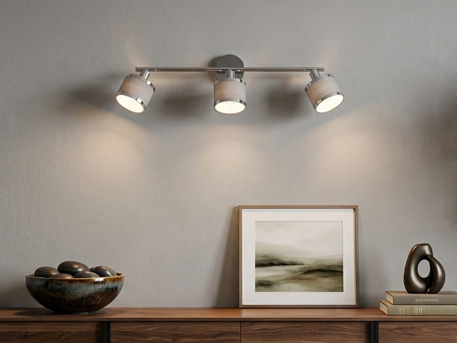 TRIO Leuchten LED Deckenstrahler, Dimmfunktion, LED wechselbar, warmweiß, Deckenleuchte mit 3x Stoff Lampenschirm Grau für Treppenhaus B: 80cm