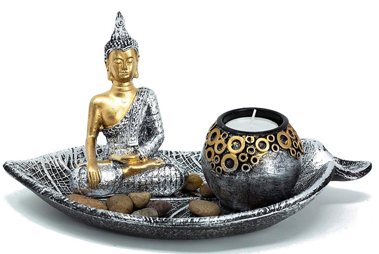 Buddhafigur Buddha Deko Set Zen Harmonie mit Teelichthalter Silber Gold 25 cm