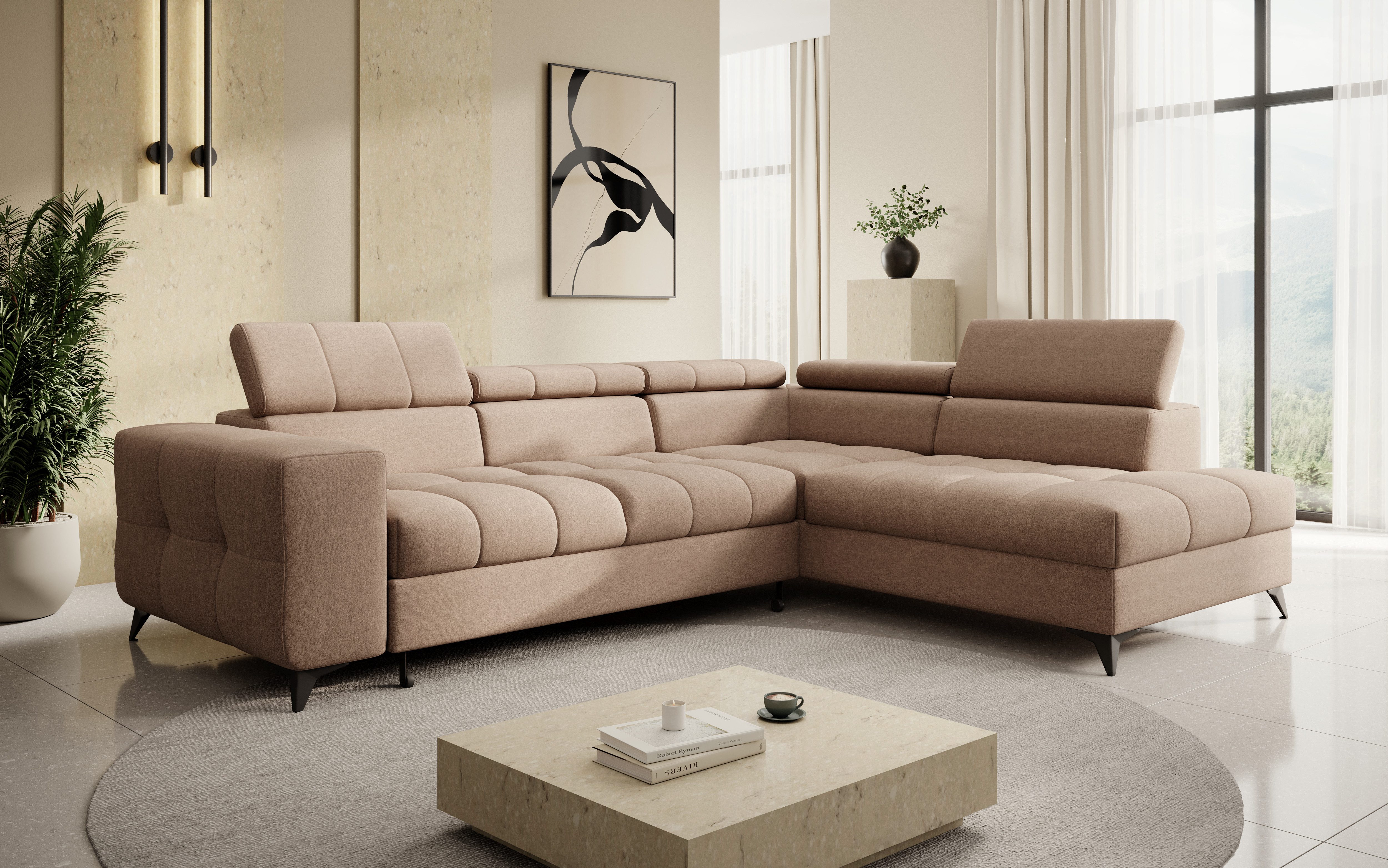 thematys Ecksofa SORANO mit Schlaffunktion & Bettkasten – L-Form, Bouclé und Velours, - mit verstellbaren Kopfstützen, – L-Form 270×203 cm – Schlafsofa mit Auszug, – L-Form 270×203 cm – Schlafsofa mit Auszug