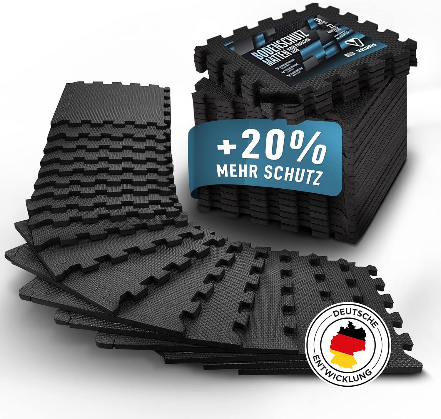 Bodenmatte Fitness – Steck-Puzzlematten Set 18-tlg. für Fitnessgeräte 31x31 cm