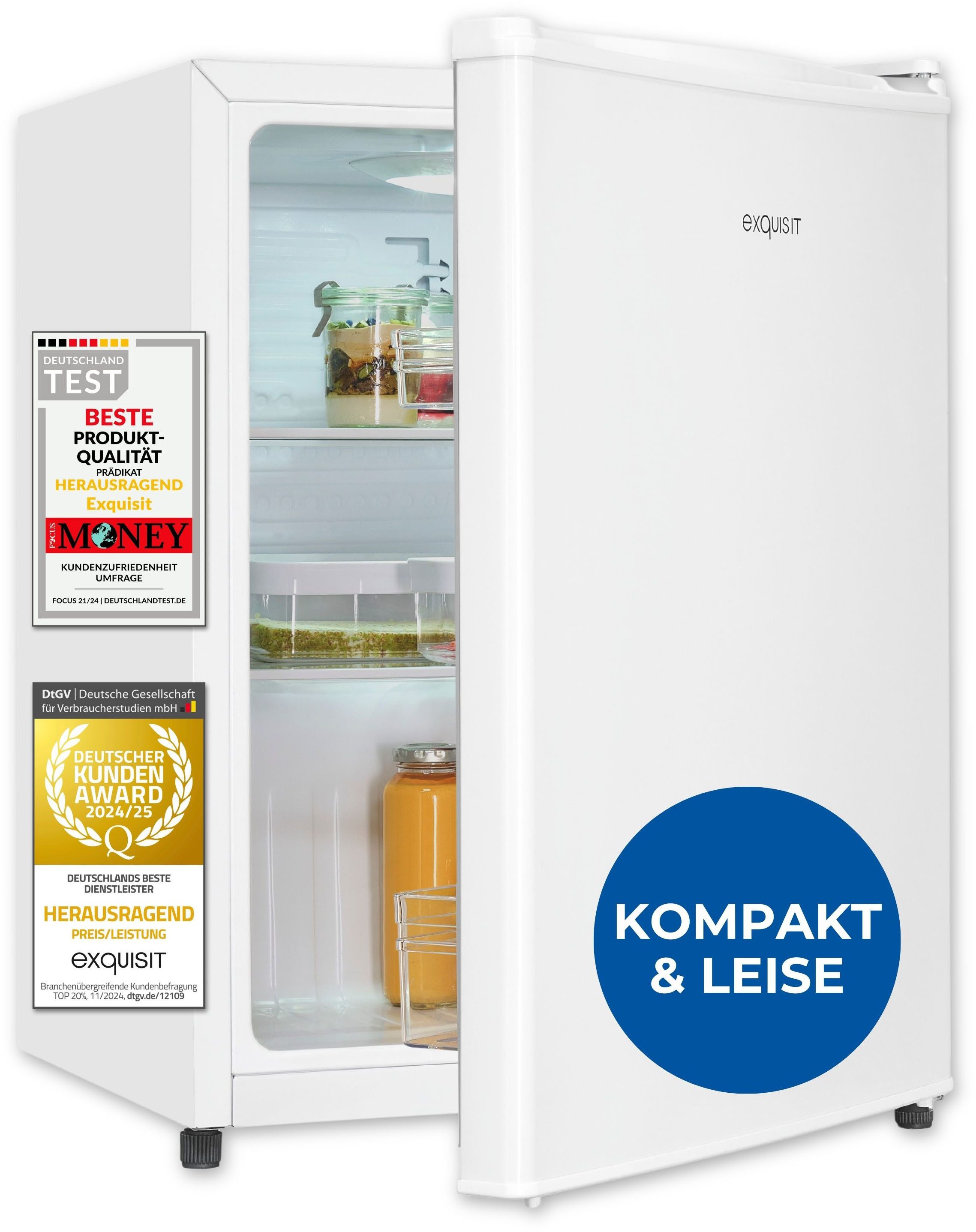 exquisit Kühlschrank KB60-V-090E weiss, 62 cm hoch, 45 cm breit, Perfekte Kühlung für Snacks & Getränke – kompakt, flexibel, effizient