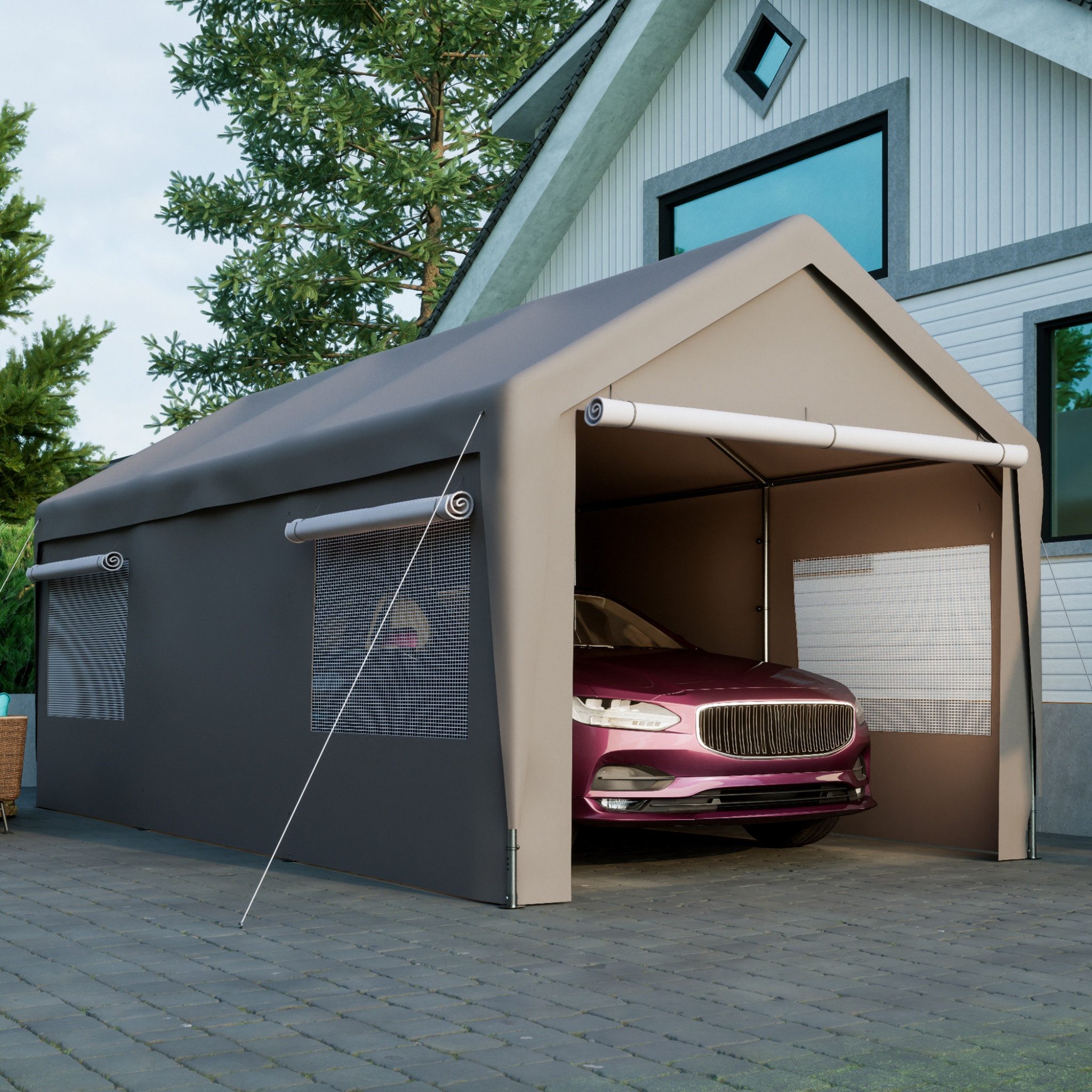 Blossom Garage Einzelcarport 3x6 m Carport Zelt winterfestes mit Roll-Up-Fenstern (Zeltgarage Gerätezelt), abnehmbaren Seitenwänden Dach, Lagerzelt für Auto, SUV, Boot, LKW