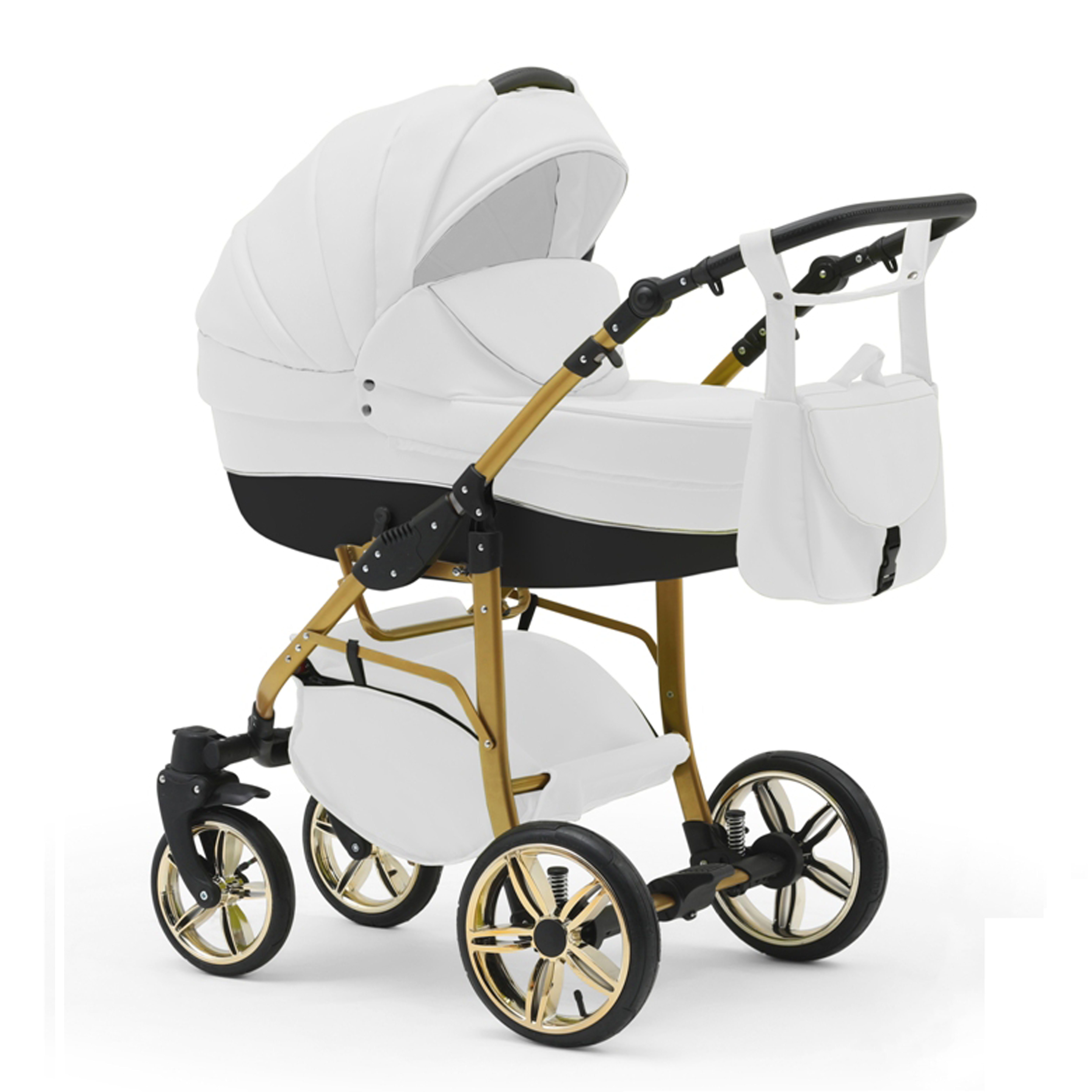 babies-on-wheels Kombi-Kinderwagen 2 in 1 Kinderwagen-Set Cosmo Gold - 13 Teile - in 46 Farben Weiß-Schwarz