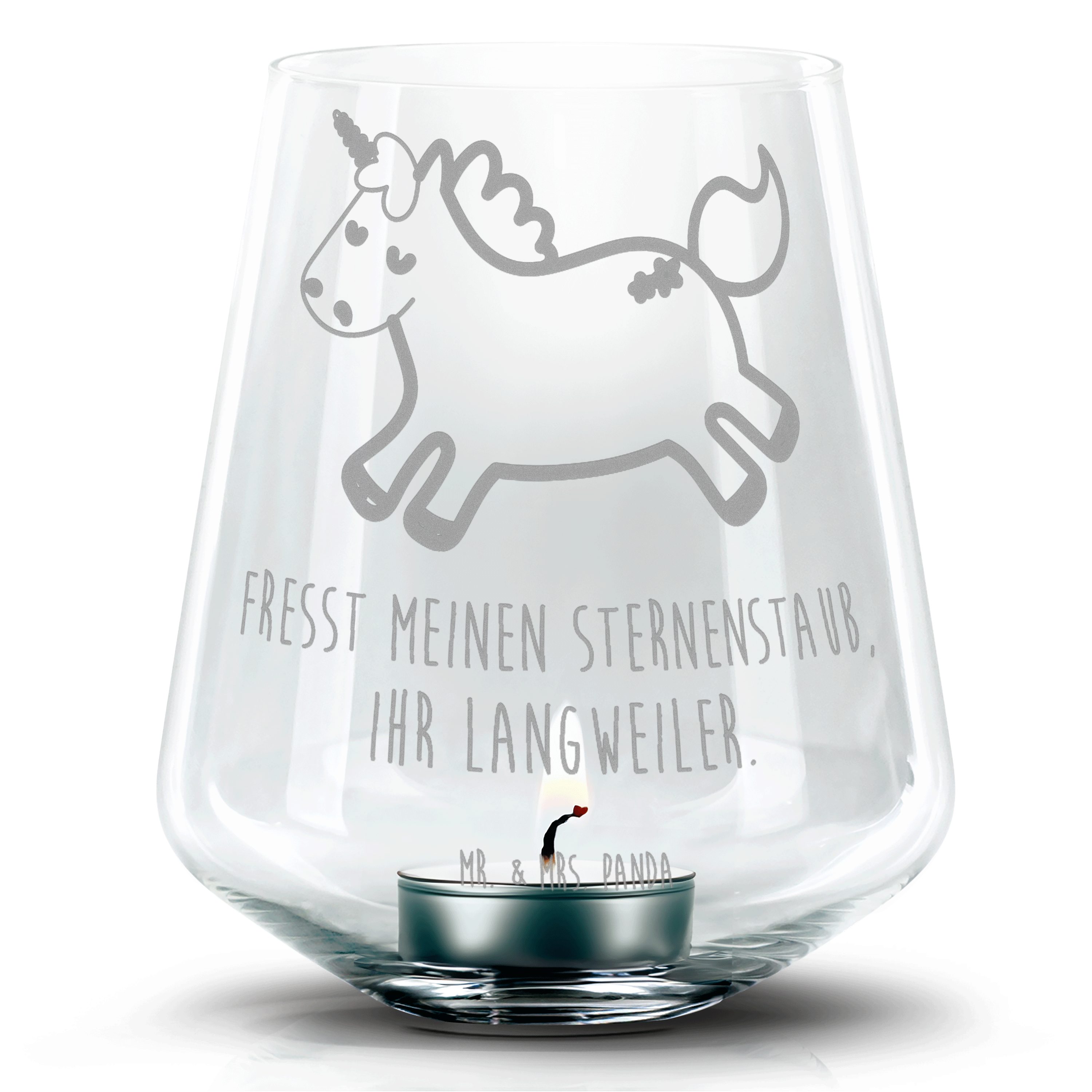 Mr. & Mrs. Panda Windlicht Einhorn Happy - Transparent - Geschenk, Kerzenglas mit Gravur, Unicor (1 St), Individuelle Gravur