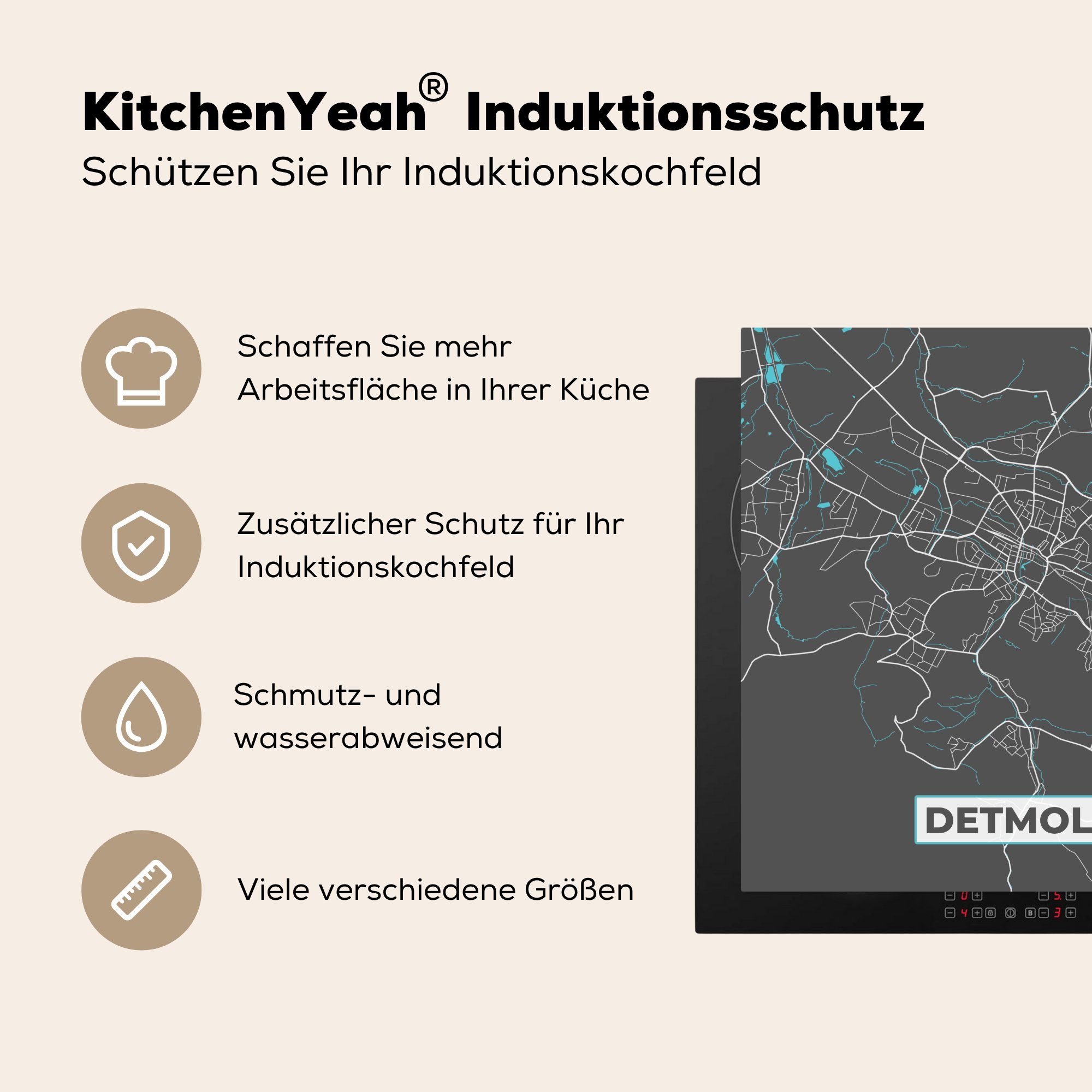 MuchoWow Herdblende-/Abdeckplatte Stadtplan - 78x78 Deutschland Karte, tlg), für cm, Arbeitsplatte Detmold küche - Vinyl, Ceranfeldabdeckung, - (1