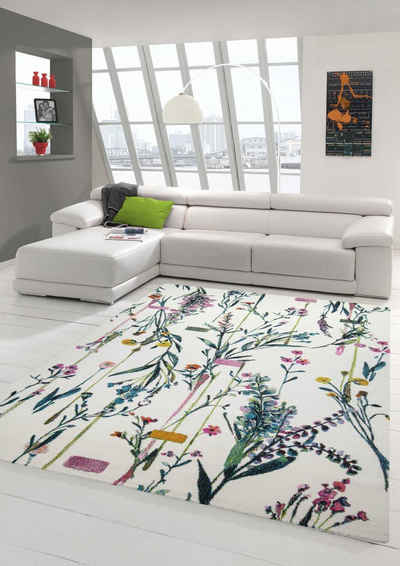 Teppich Teppich modern Wohnzimmerteppich bunte Blumenwiese in creme grün rosa, Teppich-Traum, rechteckig, Höhe: 13 mm