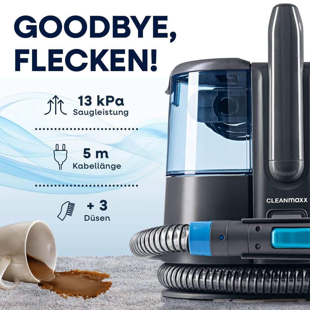 CLEANmaxx Teppichreinigungsgerät Polster und Teppichreiniger Pro Power, 600W, 600 W, 3in1: sprühen, bürsten, saugen mit Frisch- & Brauchwassertank