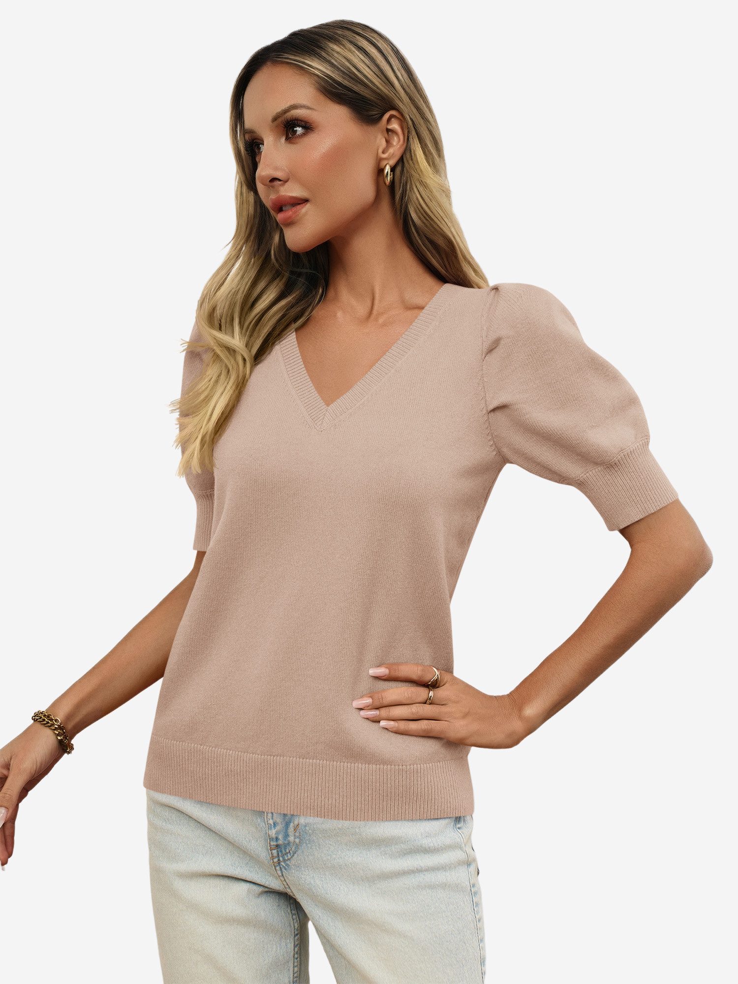 Imily Bela Stricktop Damen Halbarm Puffärmel V-Ausschnitt Top Stricken Sommer Casual (Packung, 1-tlg., 1per-Pack) gehäkelt in Unifarbe – Bild 4 von 5