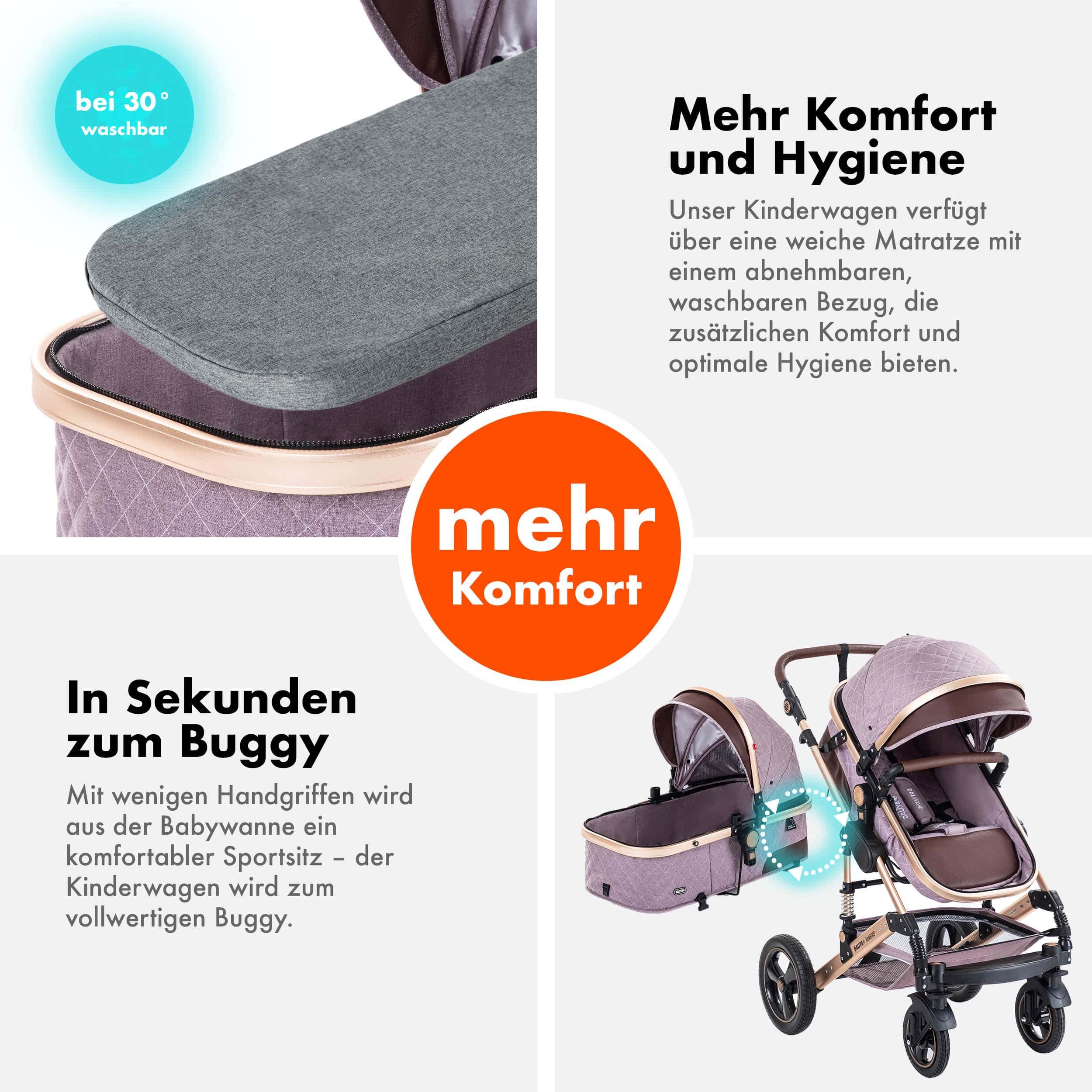 Daliya® Kombi-Kinderwagen BAMBIMO 2in1 Kinderwagen & Buggy, Babywanne und Sportsitz, Alu-Rahmen, (Grundausstattung für Babys, 9-tlg), Großer Einkaufskorb, Federung, weiche Matratze, Belüftungssystem