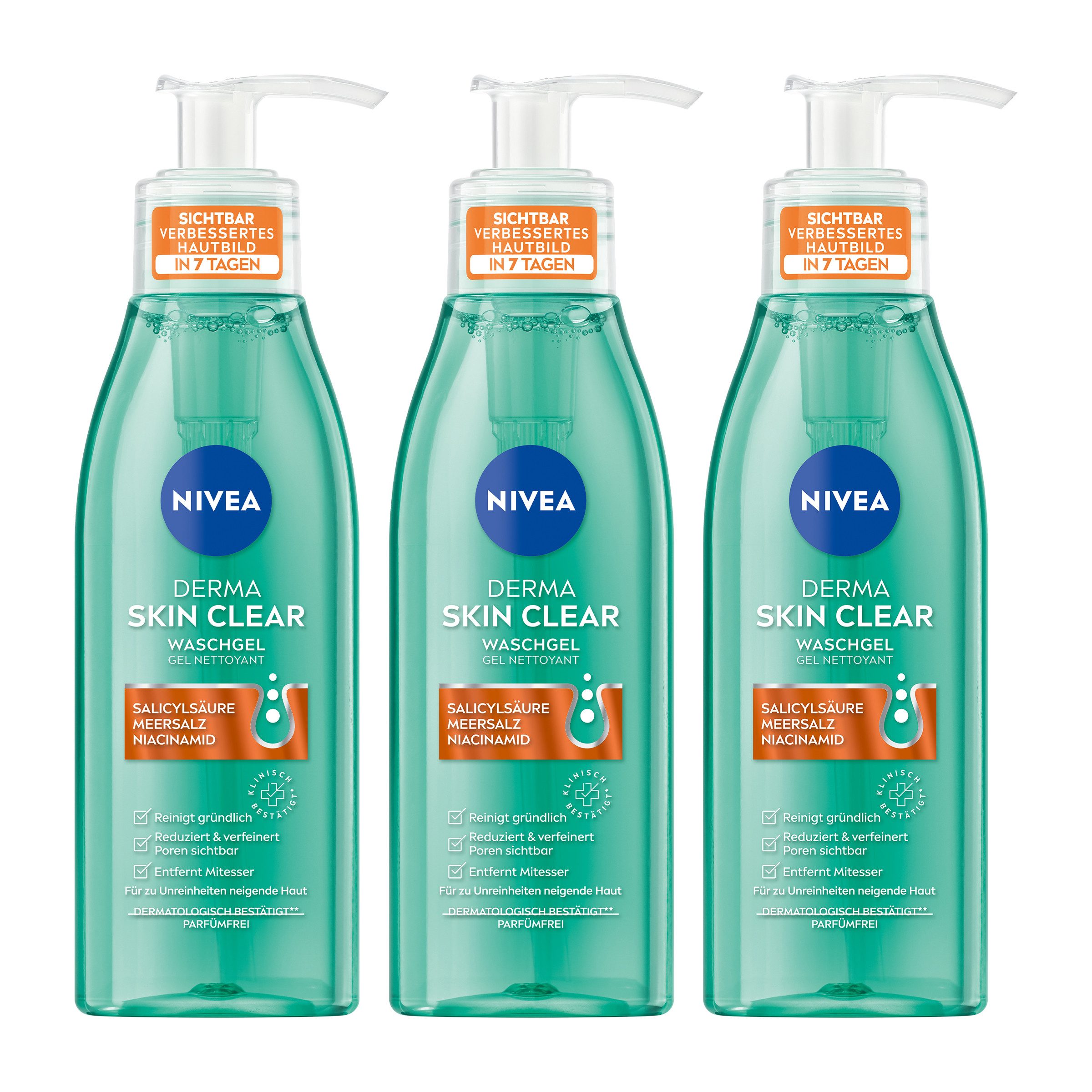 Nivea Gesichtsreinigungsgel Derma Skin Clear Waschgel, 3 x 150ml, 3-tlg.