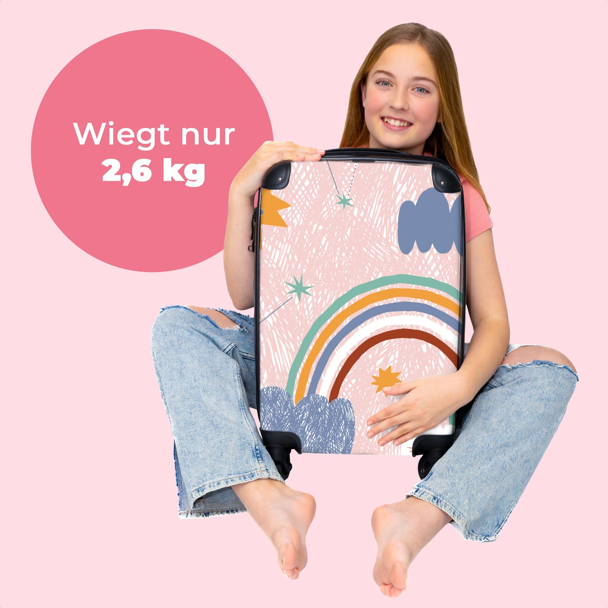 für Sterne - 4 Kinderkoffer Kindertrolley, Regenbogen - 55x35x20cm - 4 Mädchen, rollen, Raum NoBoringSuitcases.com© Zeichnung Reisekoffer - mit Mädchen Rollen, Koffer