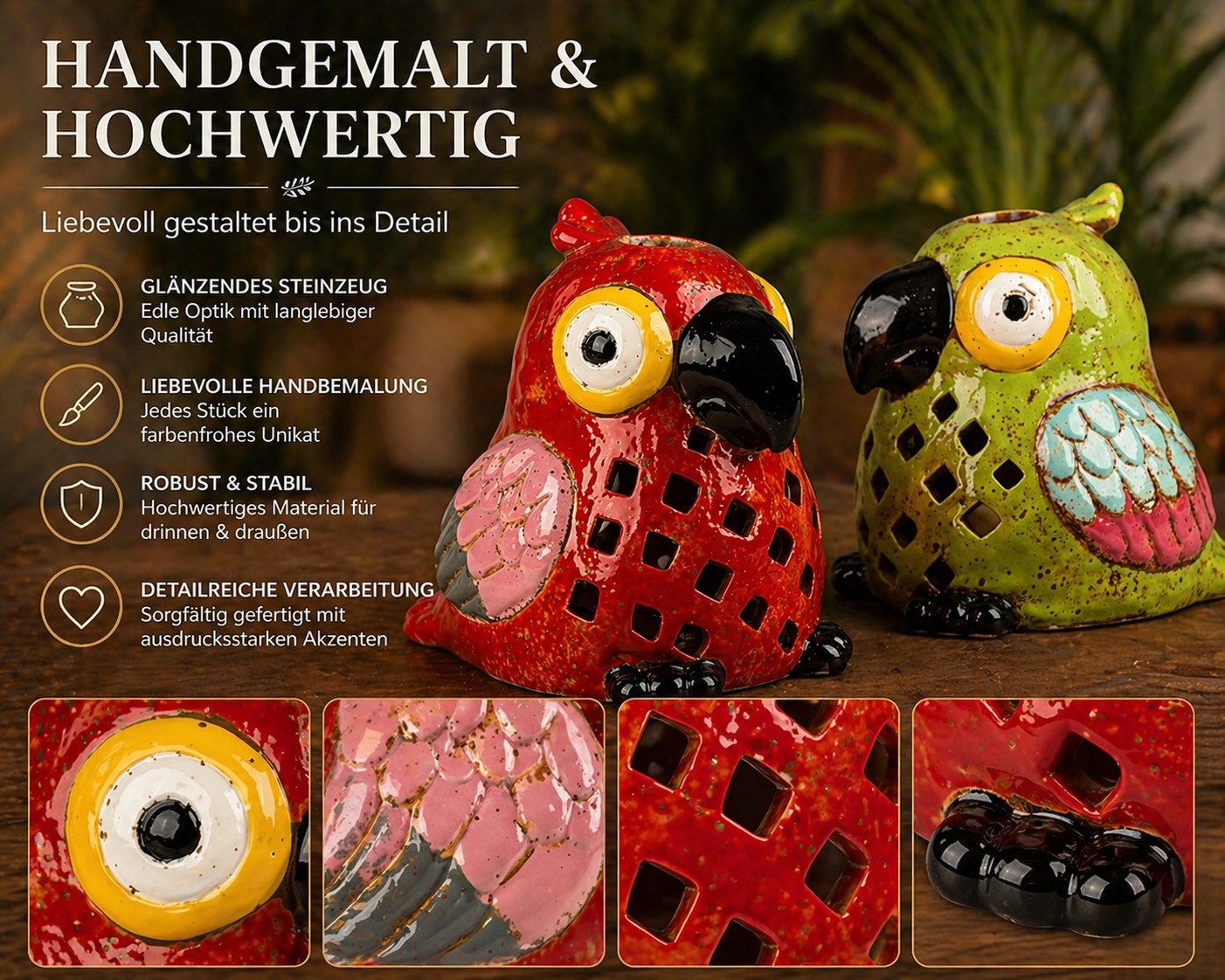 formano Teelichthalter mit Tablett Windlicht Papagei 2er Set Windlichter glänzendem Steinzeug handbemalt (Sparset)