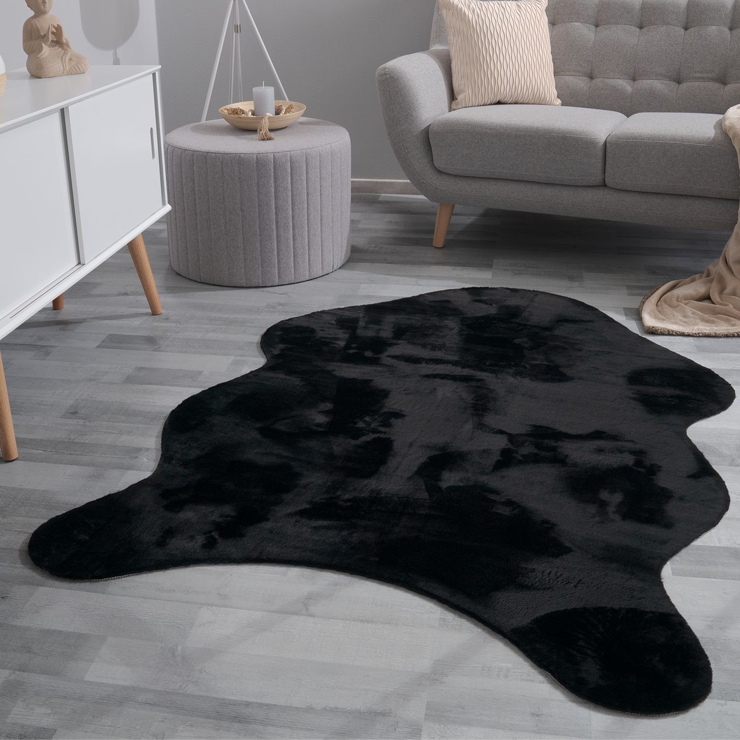 Teppich Wohnzimmer Teppich Unifarben Flauschig Modern Kunstfell Kurzflor, TT Home, Fell-Form, Höhe: 16 mm Schwarz