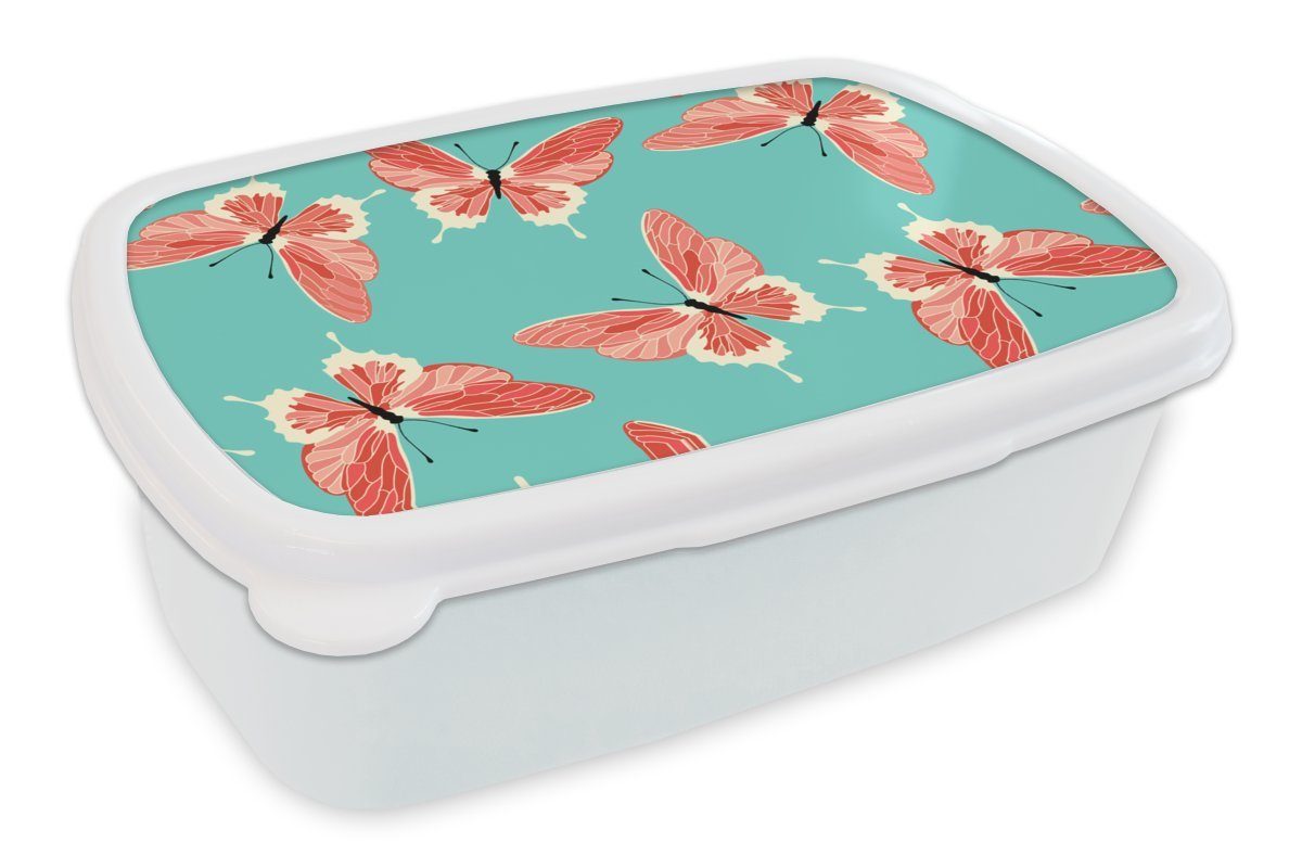 MuchoWow Lunchbox Schmetterlinge - Rosa - Muster, Kunststoff, (2-tlg), Brotbox für Kinder und Erwachsene, Brotdose, für Jungs und Mädchen weiß