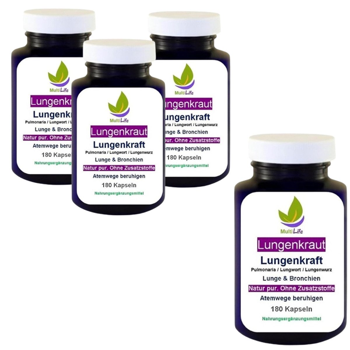 MultiLife Lungenkraut - LUNGE & ATEMWEGE - Pulmonaria Lungwort Lungenwurz Kapseln, 4 er Dose à 180 St., 352 g, Art. 27380-720