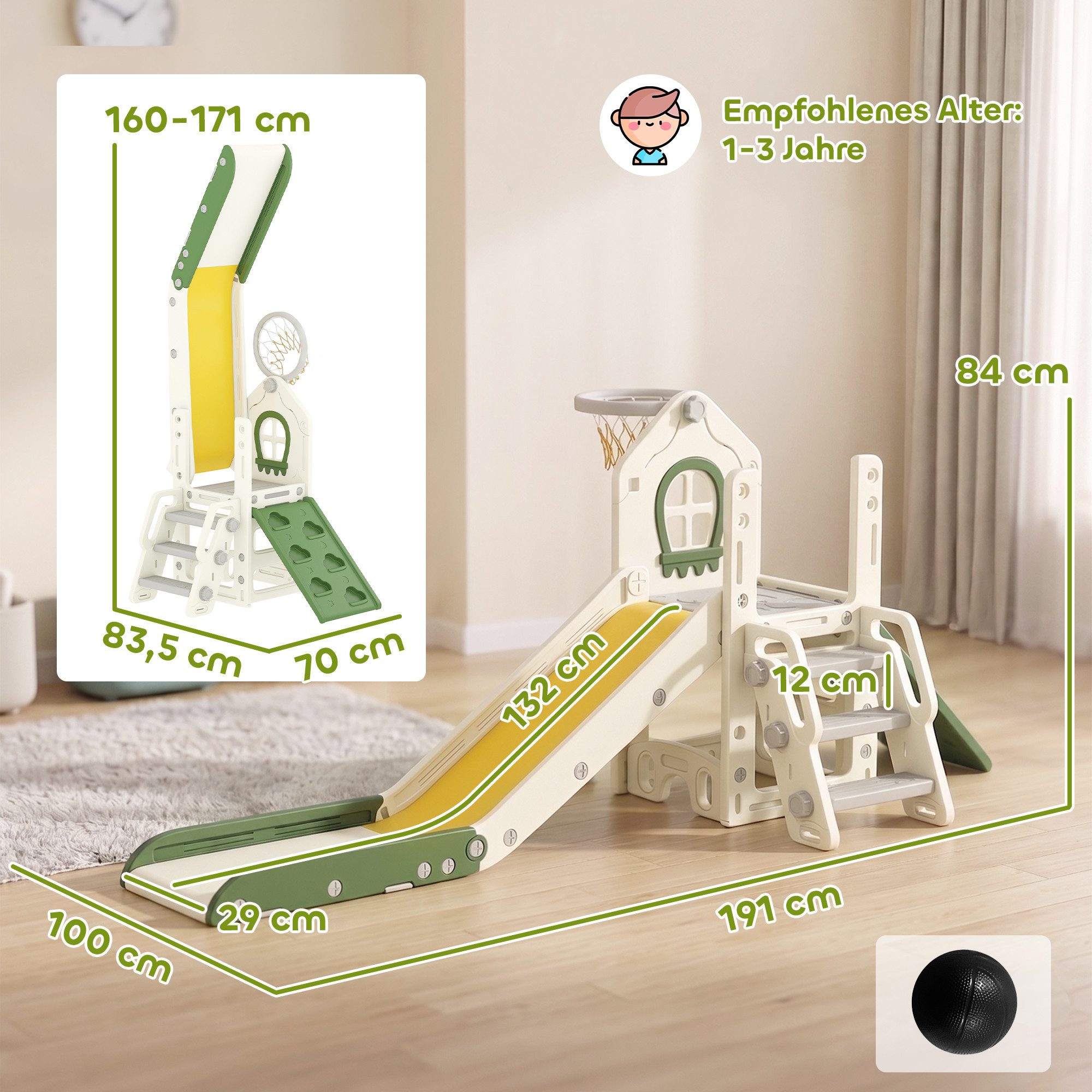AIYAPLAY Rutsche Indoor-Spielset mit Kletterelement, (Set, 3-tlg., Rutsche mit Basketballkorb und Aufbewahrung), 5-in-1, faltbar, Kletterelement, Basketballkorb
