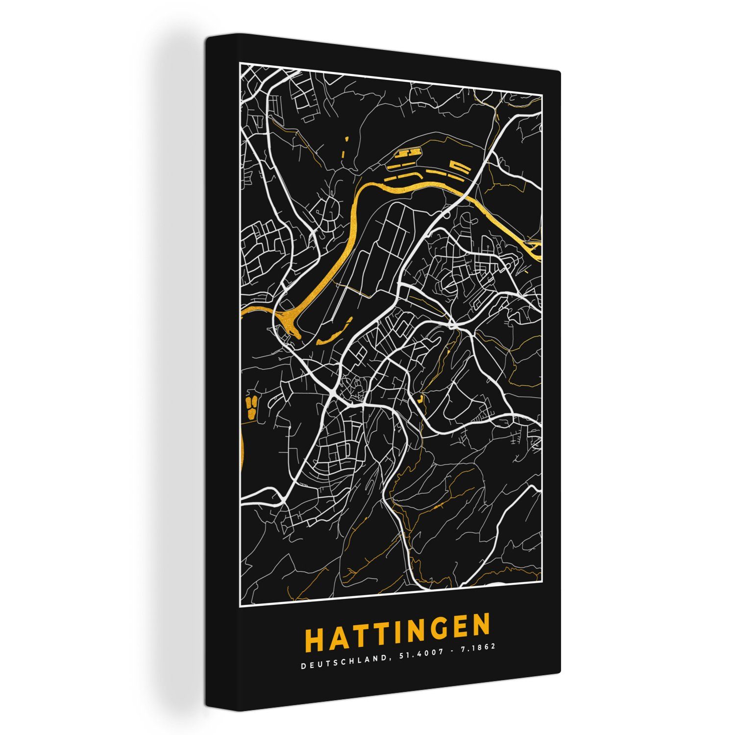 OneMillionCanvasses® Leinwandbild Karte - Stadtplan - Hattingen - Deutschland - Gold, (1 St), Leinwandbild fertig bespannt inkl. Zackenaufhänger, Gemälde, 20x30 cm