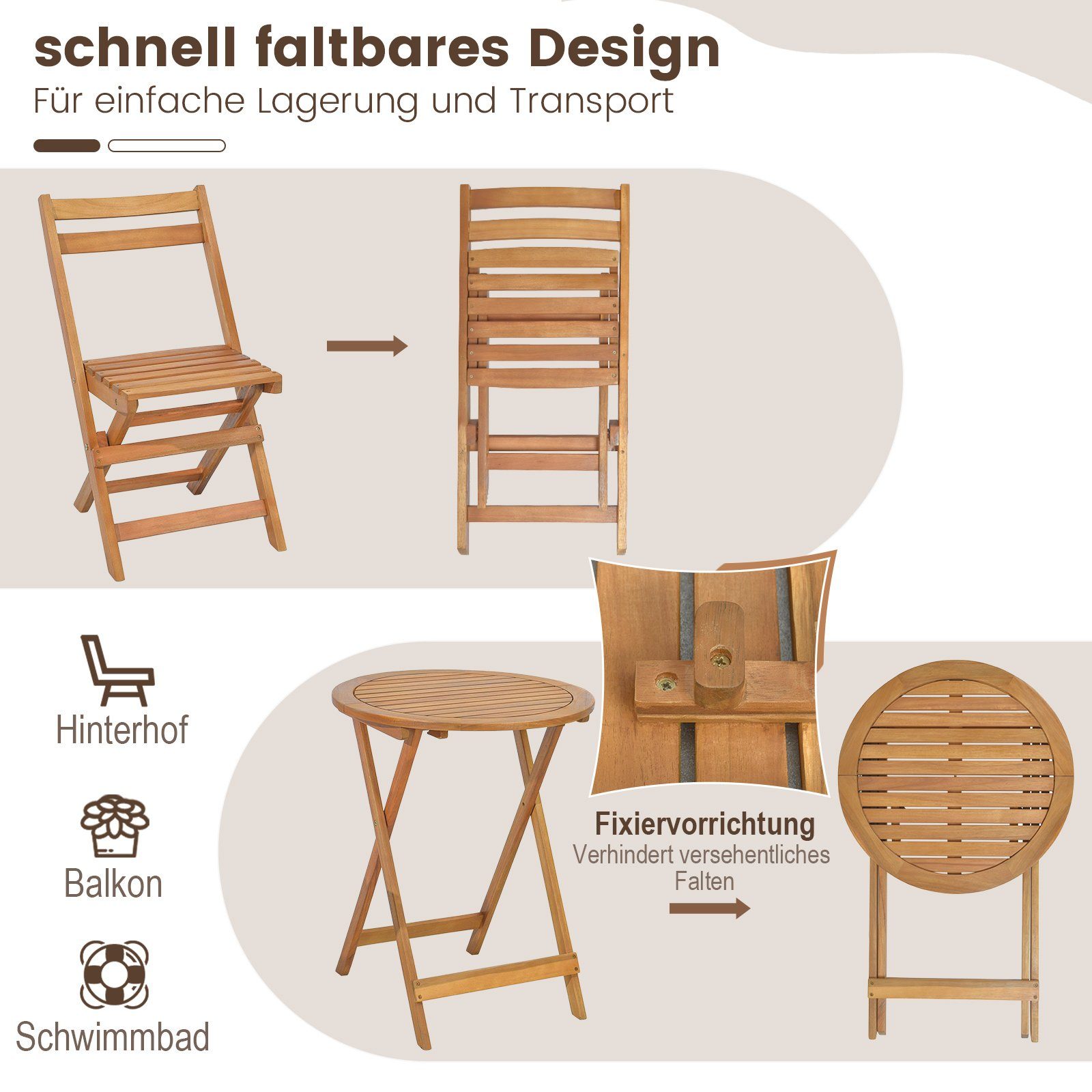COSTWAY Balkonset, (3-tlg), 2 Personen, mit klapptisch & Stühlen, Massivholz