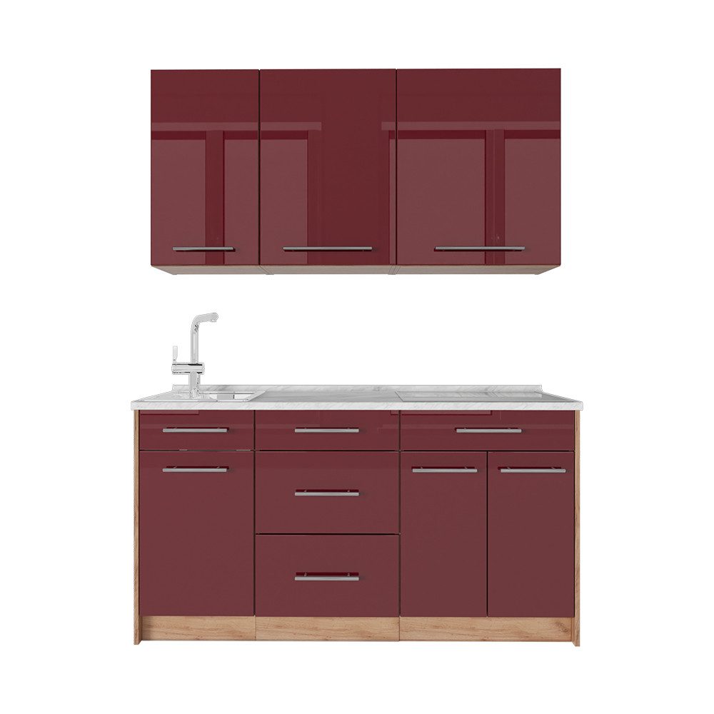 Vicco Küchenzeile Fame-Line, Bordeaux Hochglanz/Goldkraft Eiche, 150 cm, AP Marmor