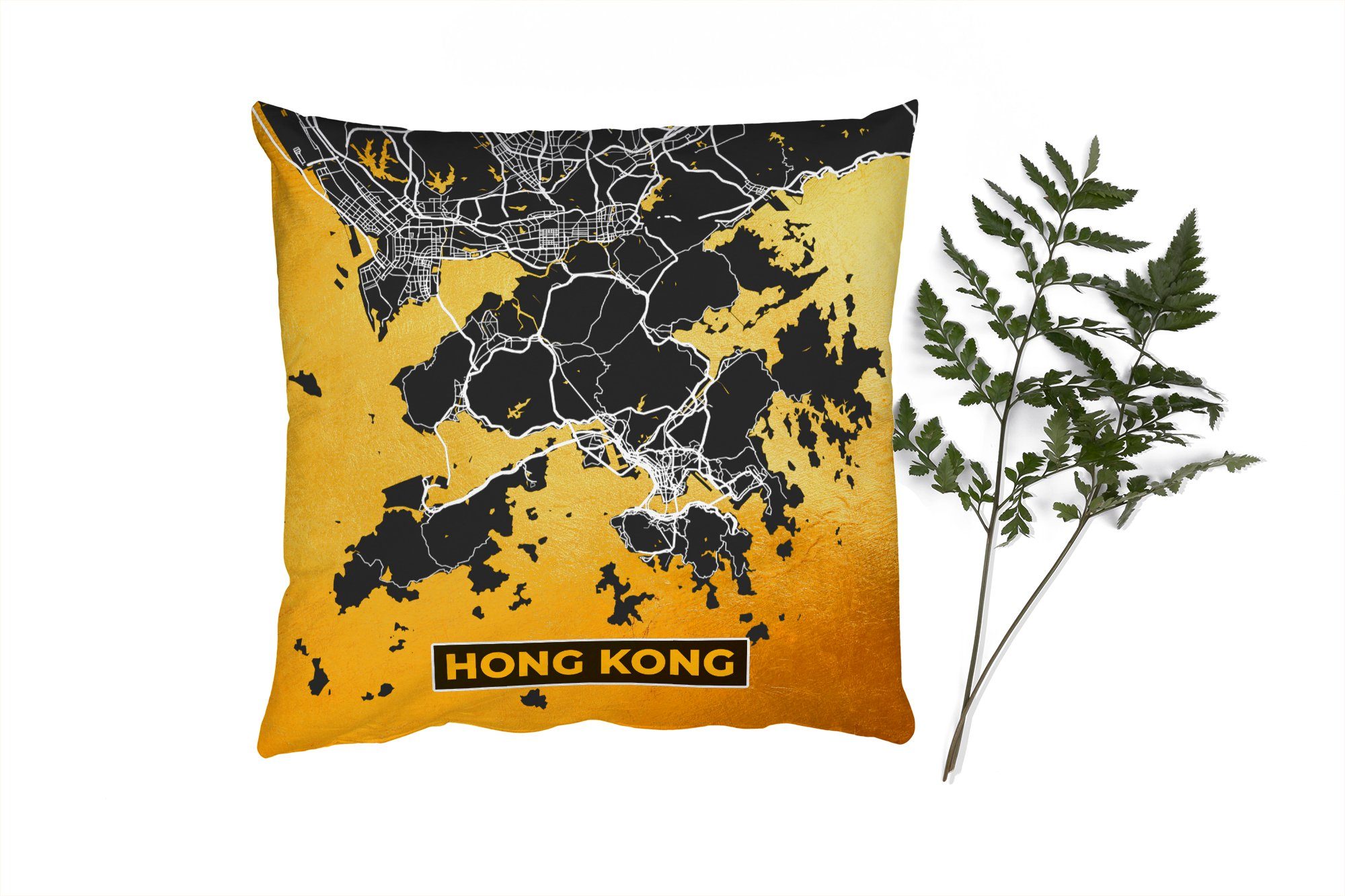 MuchoWow Dekokissen Hongkong - - Stadtplan Sofakissen - für Zierkissen Gold Deko, Füllung Schlafzimmer, Wohzimmer, mit Karte