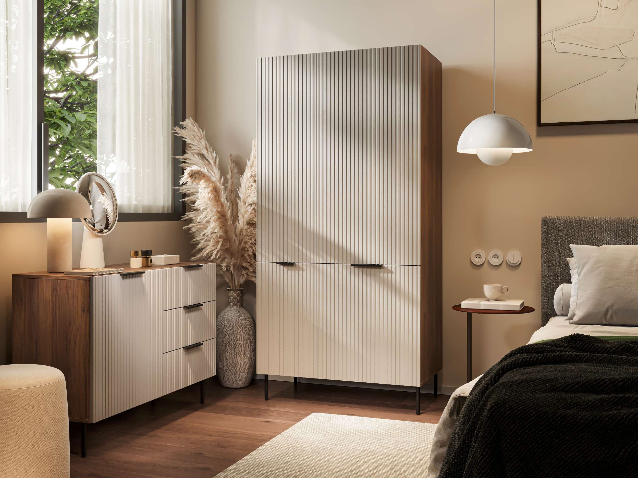99rooms Drehtürenschrank Amela (Kleiderschrank, Schrank) mit 2 Türen, 1 Kleiderstange, 6 Einlegeböden, Metall Füße und Griffe