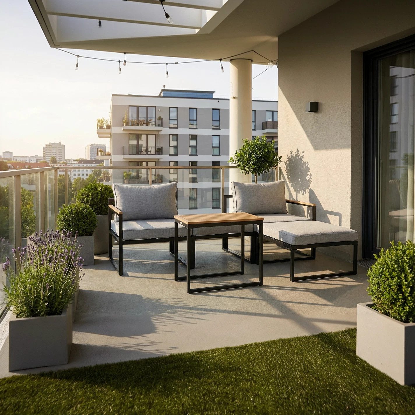 Greemotion Balkonset Retiro Balkonlounge Aluminium mit Holz-Optik inkl. Auflagen & Polster, Farbe Schwarz/Grau