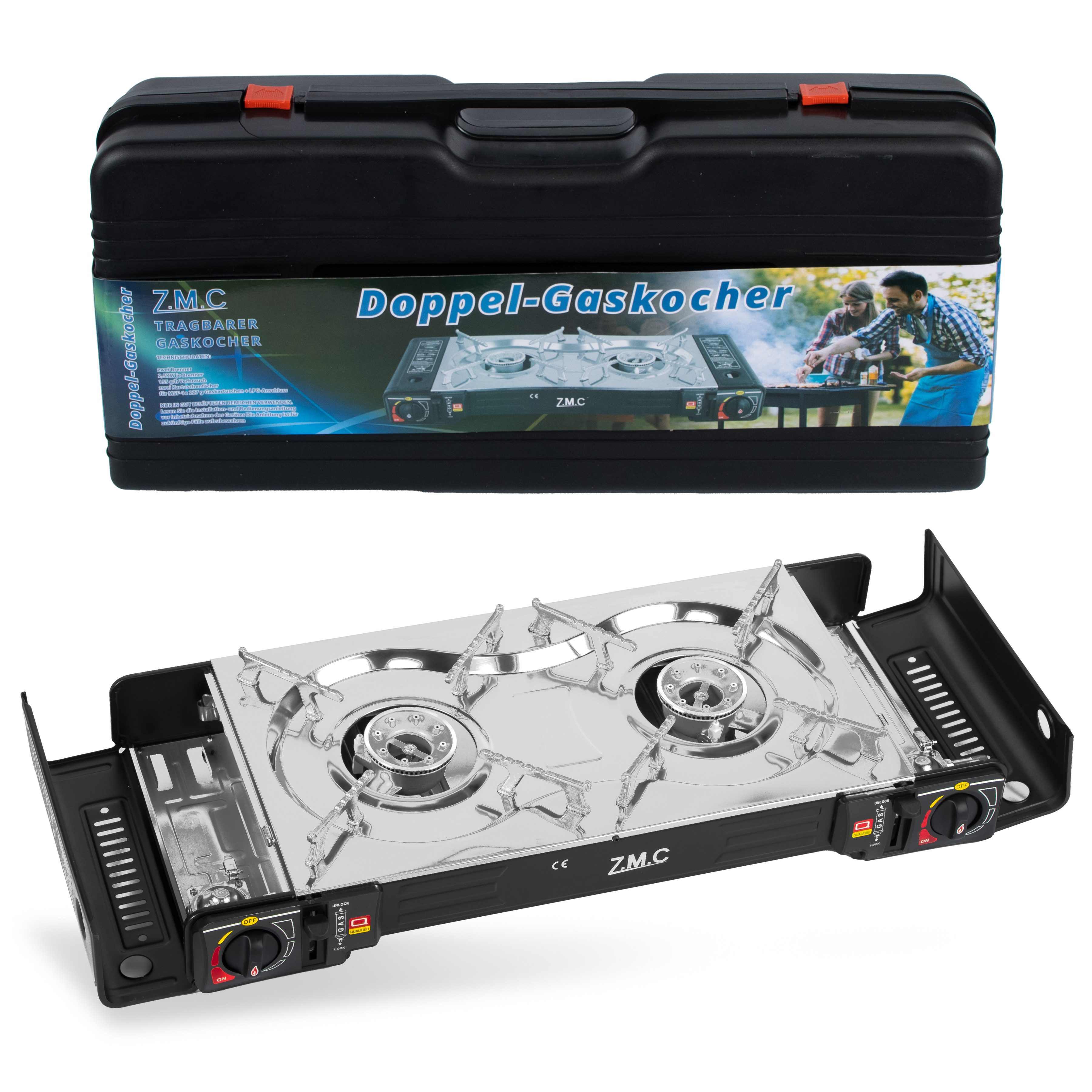 ZMC Gaskocher Doppel Campingkocher 2 flammig MSF-1a 227g Gaskartusche+LPG Anschluß, (Herd 2in1 DOPPEL 2Fach Gasherd Gas Ofen Butan Kochfeld), 2 flammig Camping Gas Мультиварки Outdoor Campingkocher