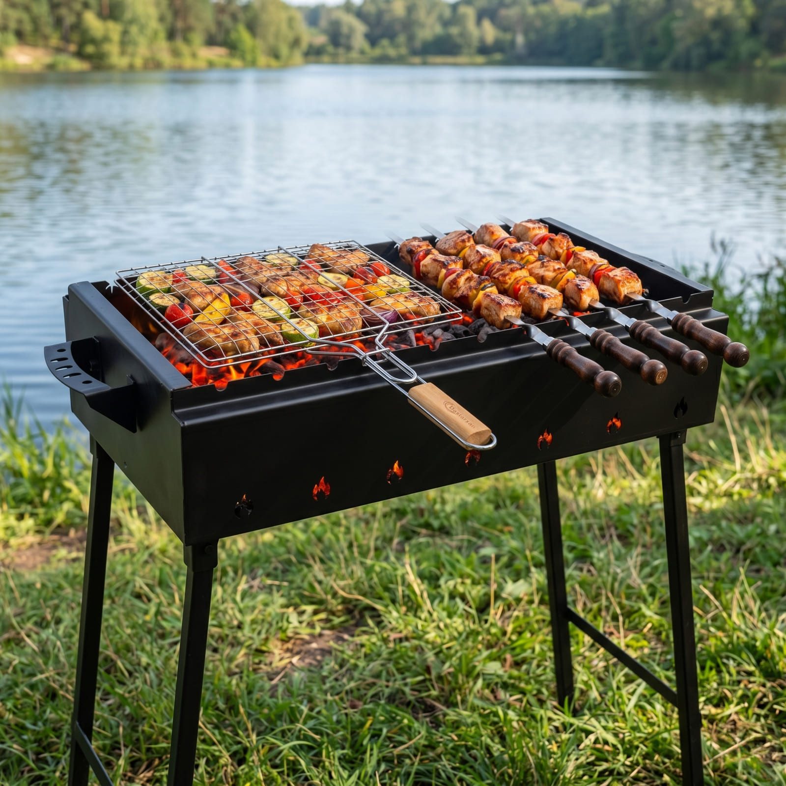 BIG-PAN Grillbesteck-Set Mangal Stahl 2mm 70 cm 11 Spieße Grillrost Edelstahl Holzgriff Zubehör, (Holzkohlegrill BBQ für Spieße oder Grillrost Schaschlik Shashlychnik), Grillrost Gusseisen Griffen, Grillbesteck, Grillfächer