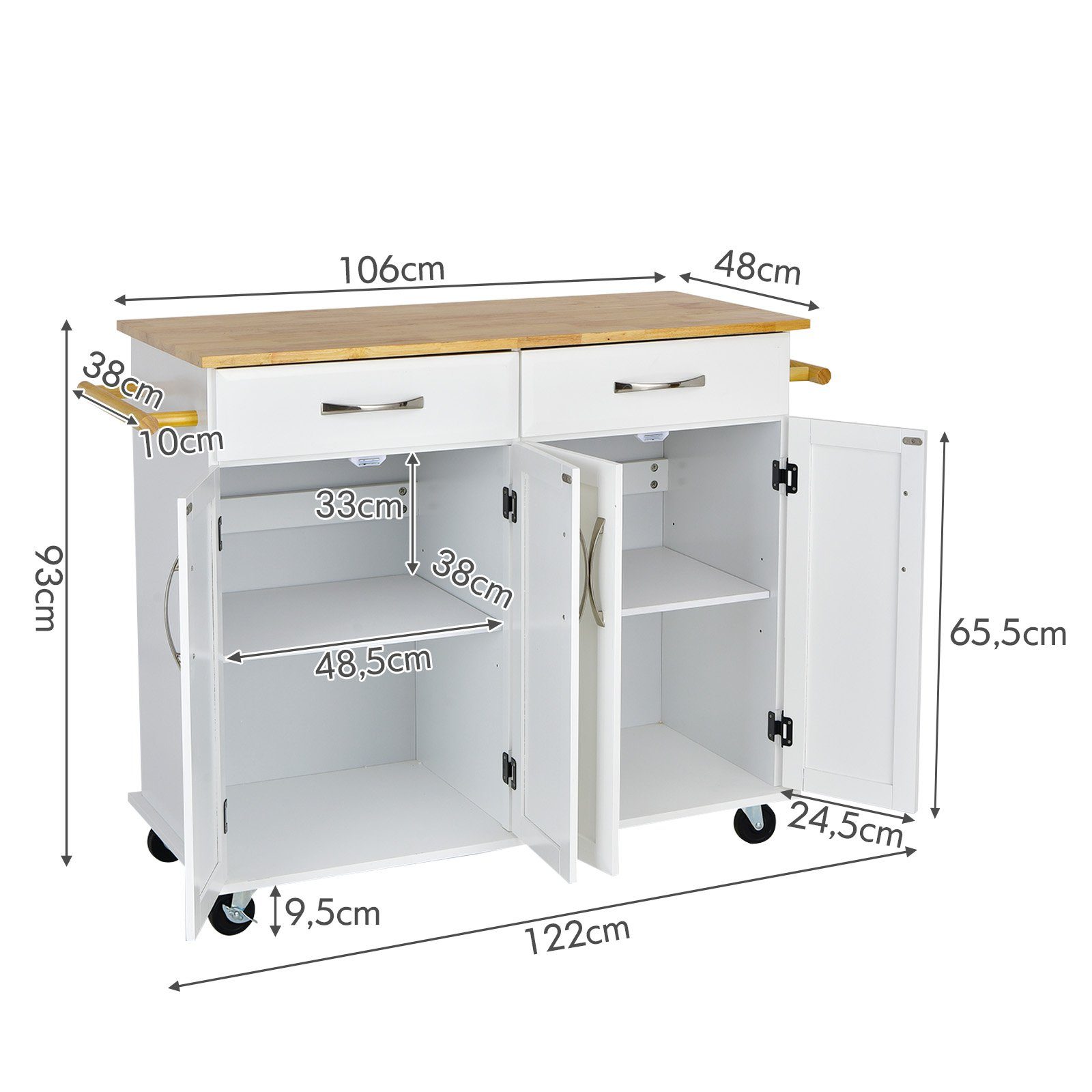 COSTWAY Küchenwagen, mit Arbeitsplatte, Schubladen, Rollen & Handtuchhalter