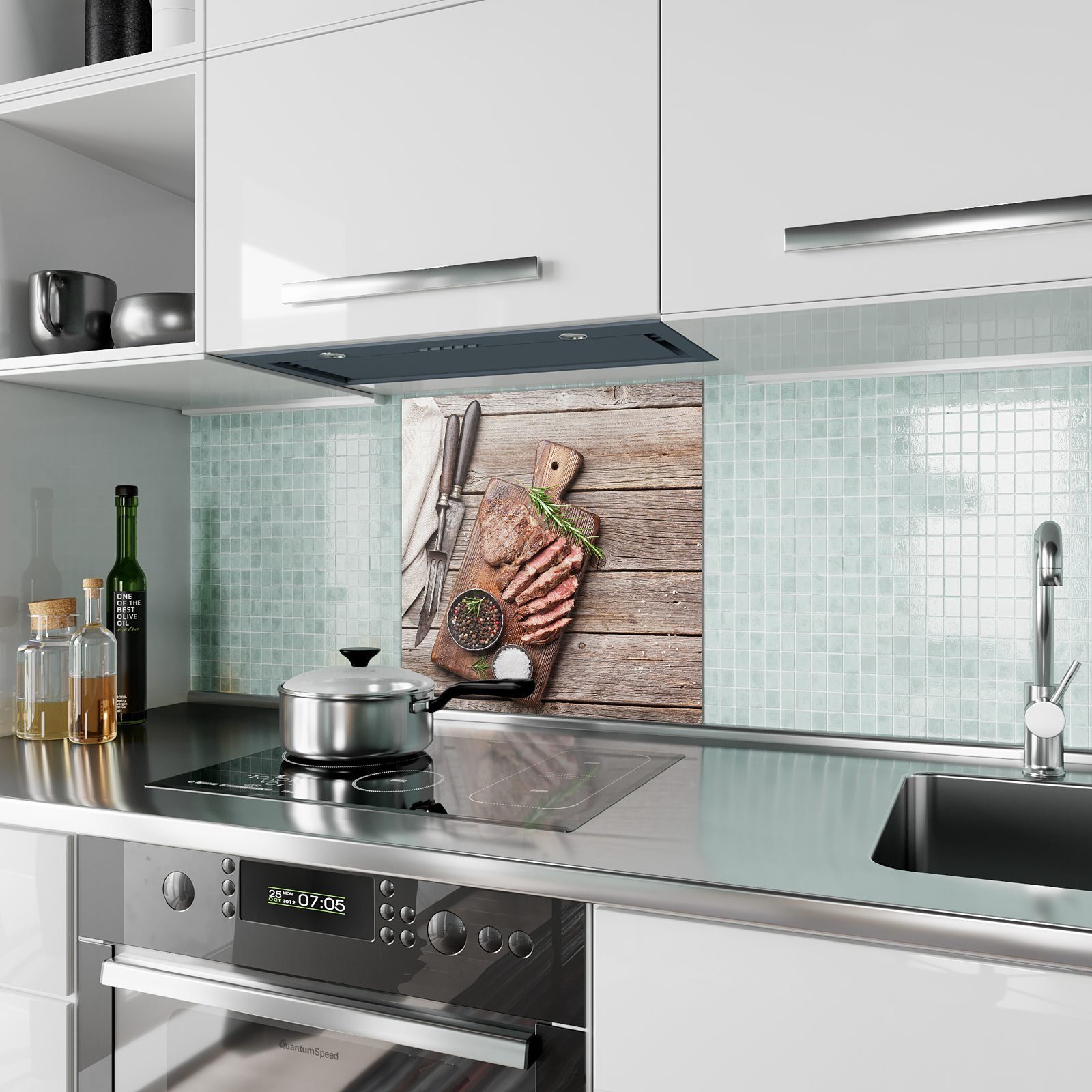 Glas Primedeco Motiv Rindersteak mit Filettiertes Spritzschutz Küchenrückwand Küchenrückwand