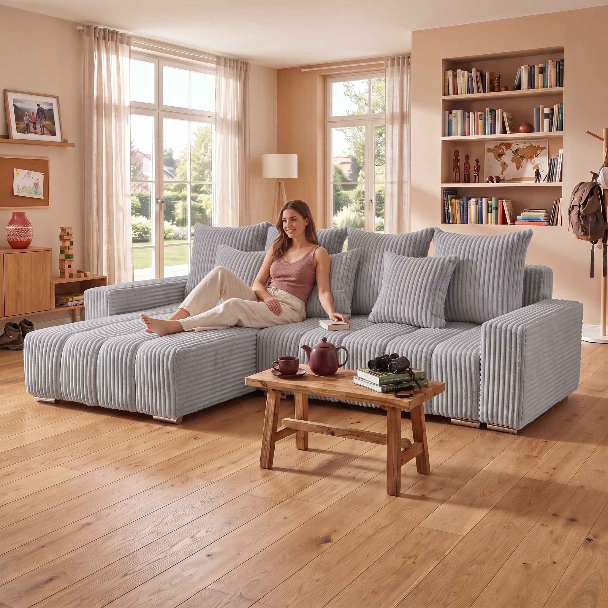 Muffo Ecksofa PIANO, elegante vertikale Nähte, Bettzeugablage, Schlaffunktion 234x137, Lose Rückenkissen
