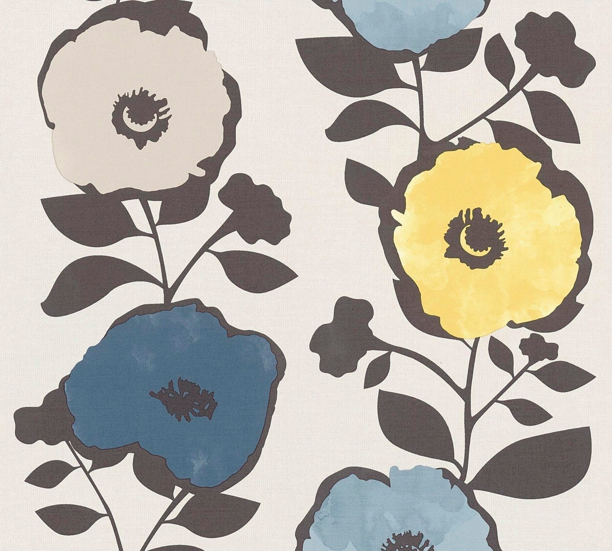 Création gelb/blau/beige/grau/creme Scandinavian, Vliestapete A.S. floral, living walls mit geblümt, Blumen