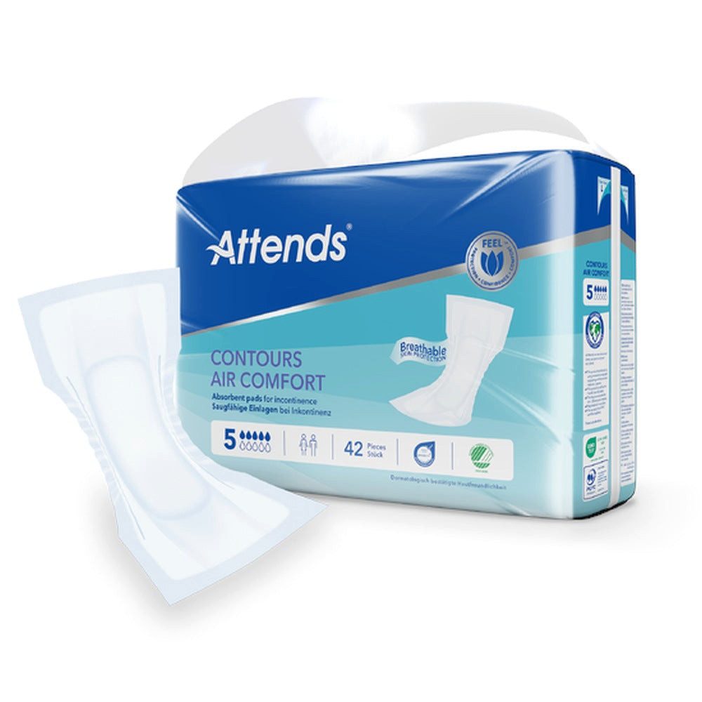 Attends GmbH Inkontinenz-Einlage Attends Contours Air Comfort 5, 5 von 10, 42-St., Saugstärke 5/10, 50 x 21 cm, Air Comfort, Klebestreifen