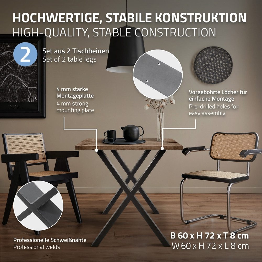 ECD Germany Tischbein 2x Tischbeine X-Design aus pulverbeschichtetem Stahl Industriedesign, Tischgestell Kreuzgestell 60x72 cm Metall Tischkufen Möbelfüße – Bild 2 von 5