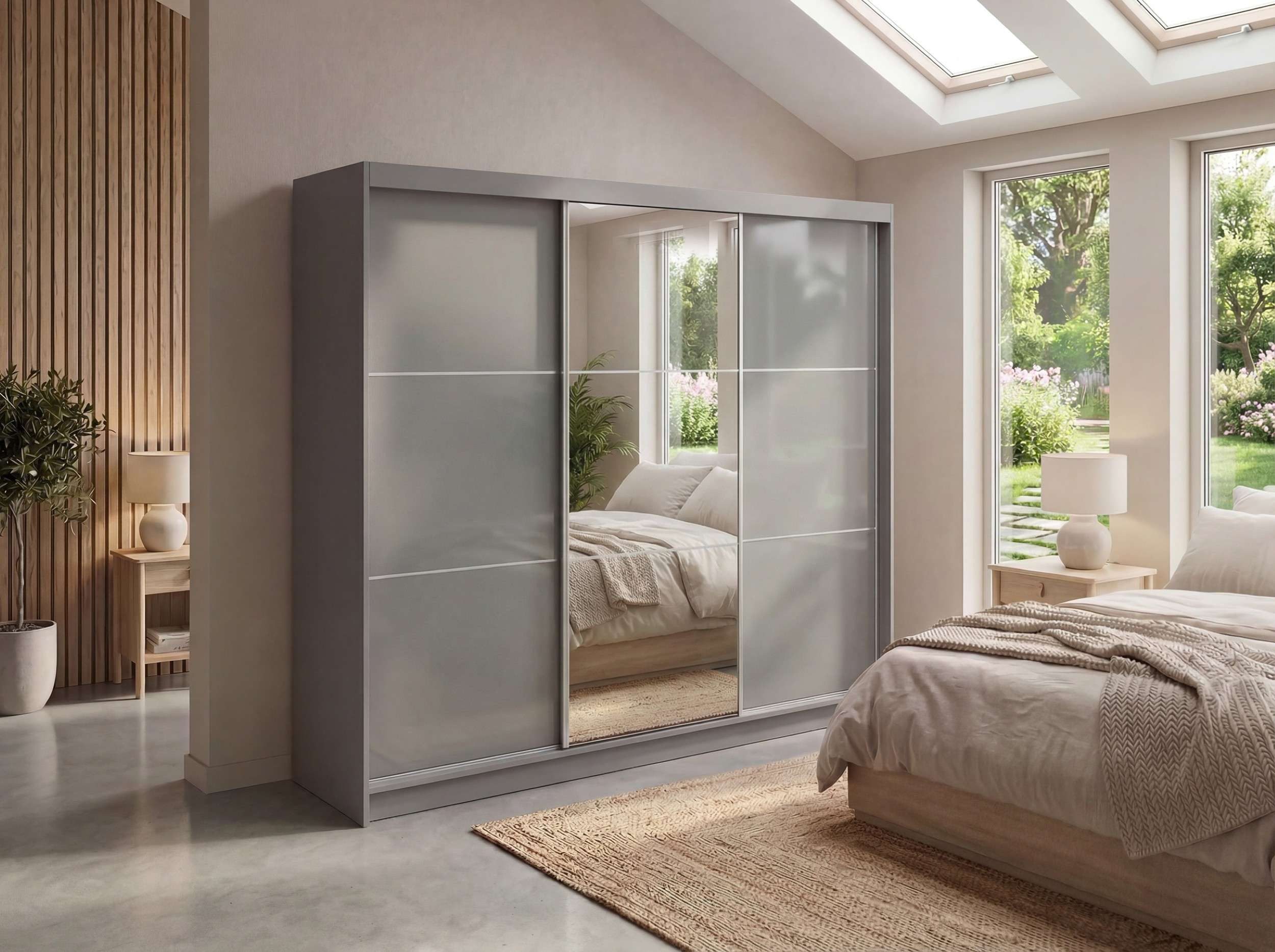 MKS MÖBEL Schiebetürenschrank WALENCJA 240 (Schwebetürenschrank mit Spiegel und Lacobel, Wäscheschrank) Schlafzimmerschrank mit/ohne Schubladen, 216 cm hoch, 61 cm tiefe
