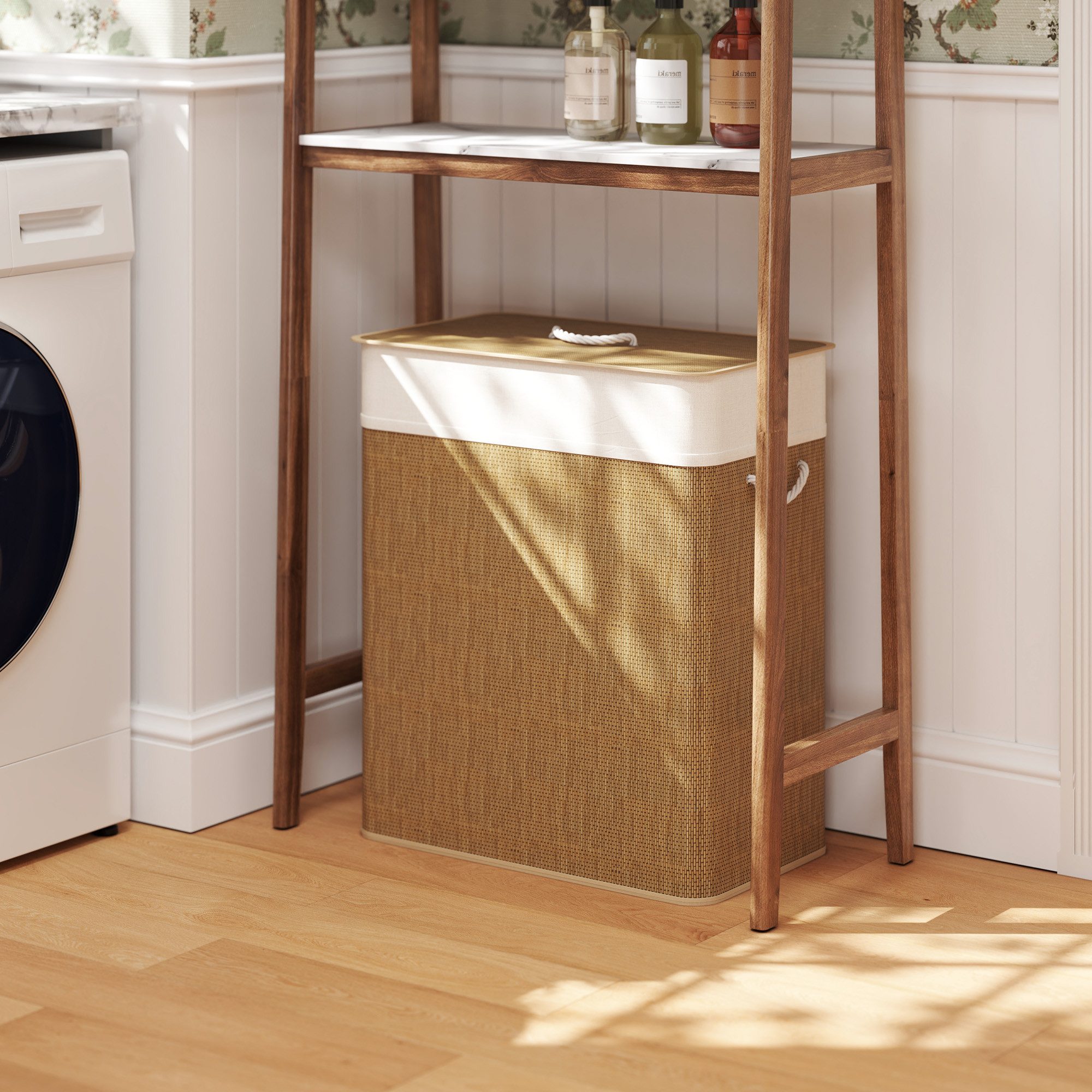 HOMCOM Wäschekorb mit Deckel, Seilgriffen, herausnehmbarer Wäschesack (Wäschesammler aus Bambus, 1 St., 100 L Laundry Baskets), für Waschküche Schlafzimmer Badezimmer Braun