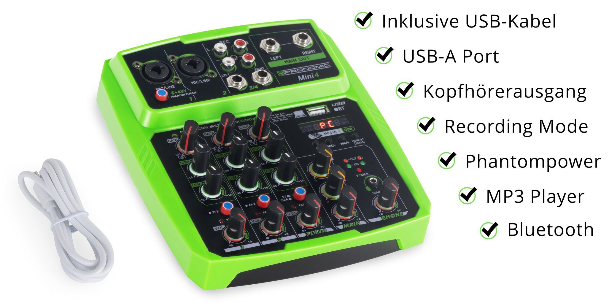 Pronomic Mischpult Mini4 USB-betriebener 4-Kanal Mixer, (2-tlg), mit Medienplayer/-recorder mit Bluetooth und USB - Audio-Interface