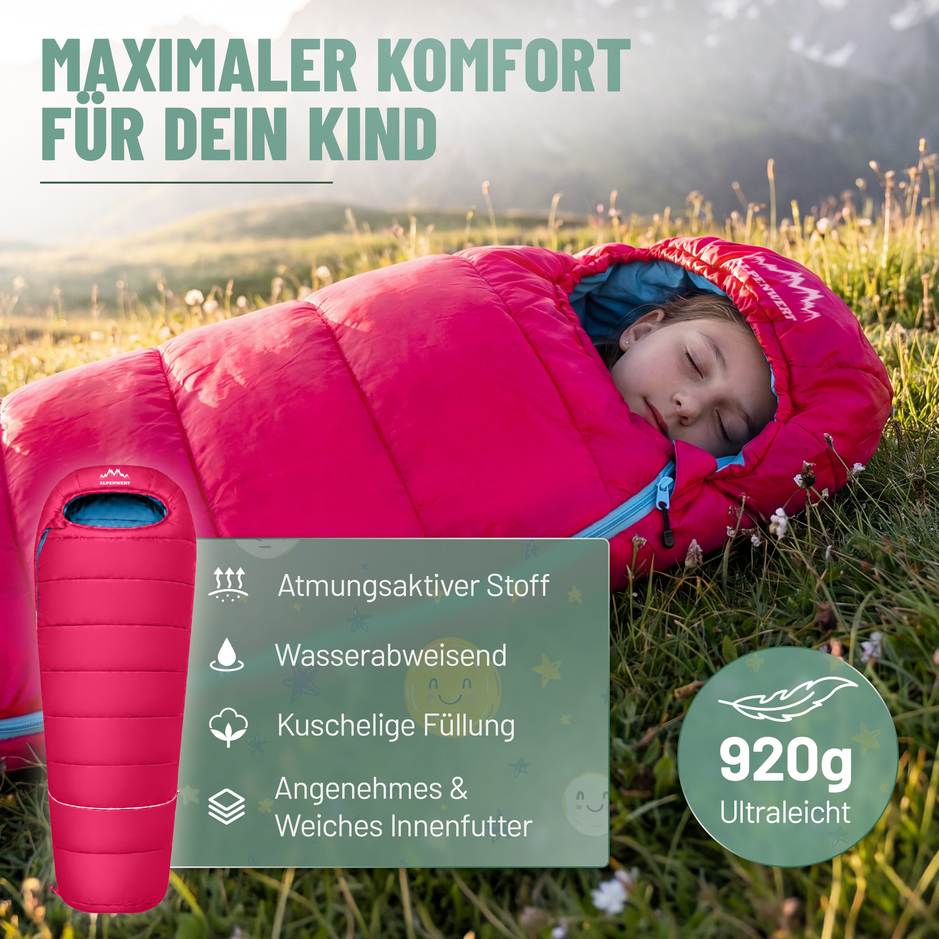 Alpenwert Kinderschlafsack Ultraleicht 130-170cm – Outdoor, wasserabweisend & kompakt, mitwachsend