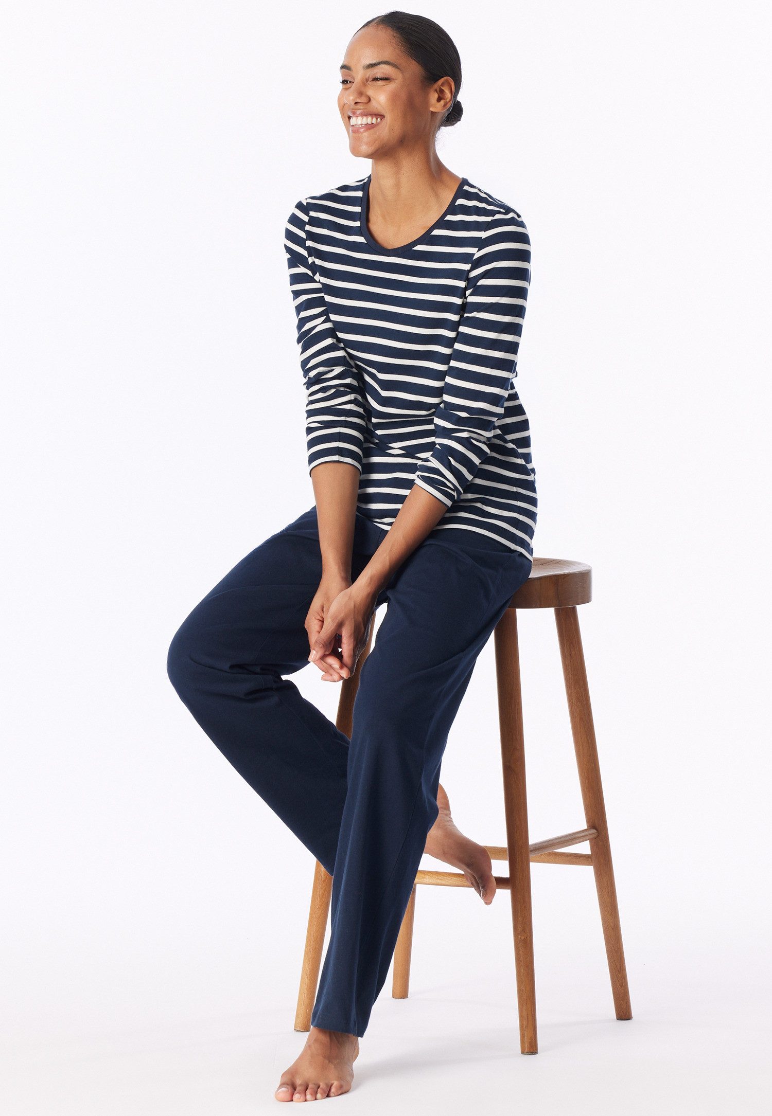 Schiesser Schlafanzug Casual Essentials (2 tlg) Baumwolle, V-Ausschnitt, langärmelig