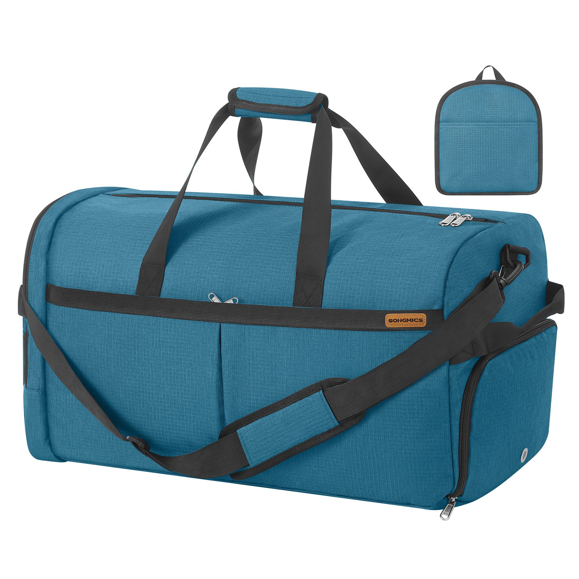 SONGMICS Reisetasche Händgepäck mit Schuhfach & Nassfach, Faltbare Sporttasche Weekender, 80 L, 65 x 33 x 36 cm, Blau