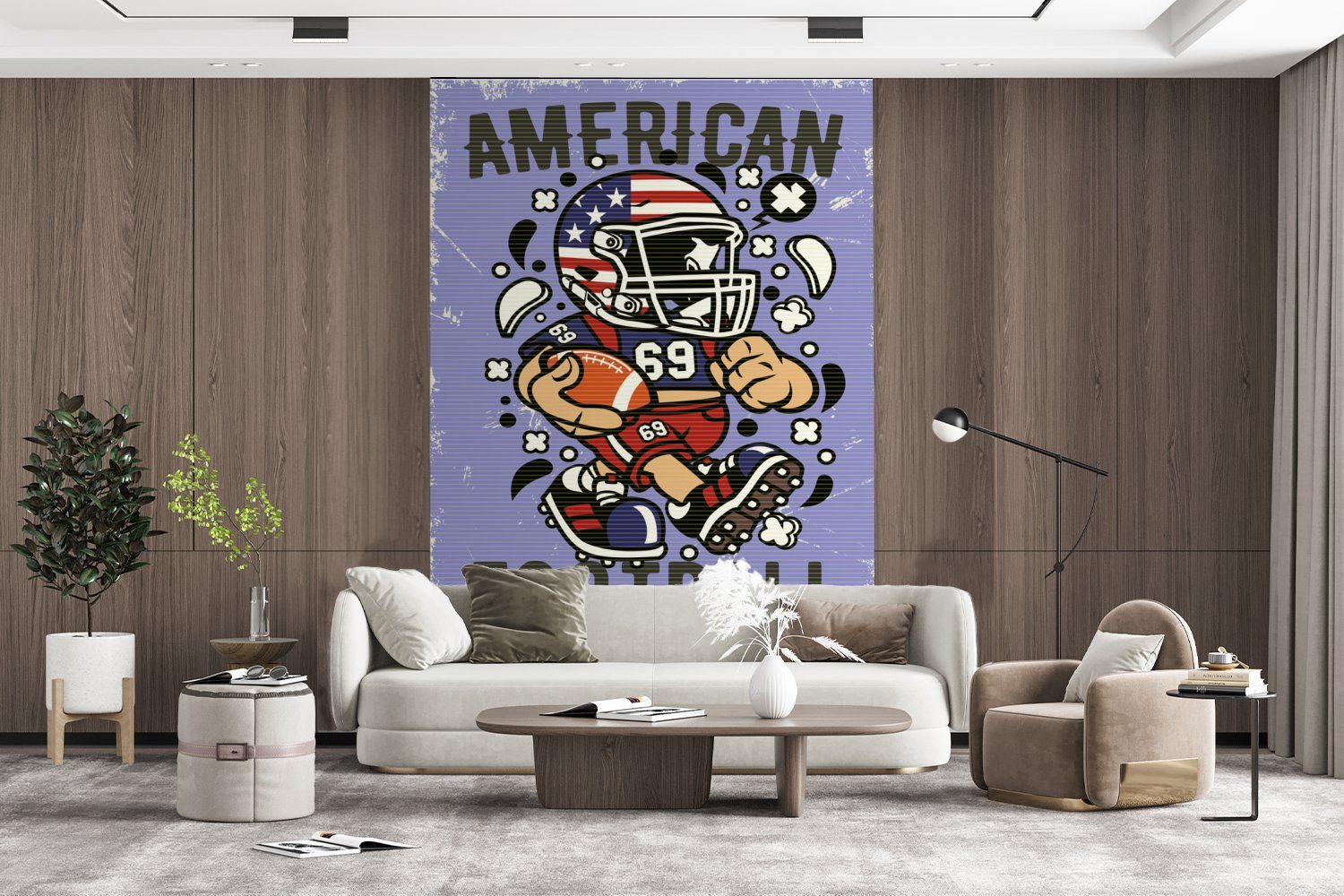 Fototapete Montagefertig - American St), Wandtapete - Football (3 Vintage, Wohnzimmer, Lila bedruckt, Vinyl für Matt, Tapete MuchoWow