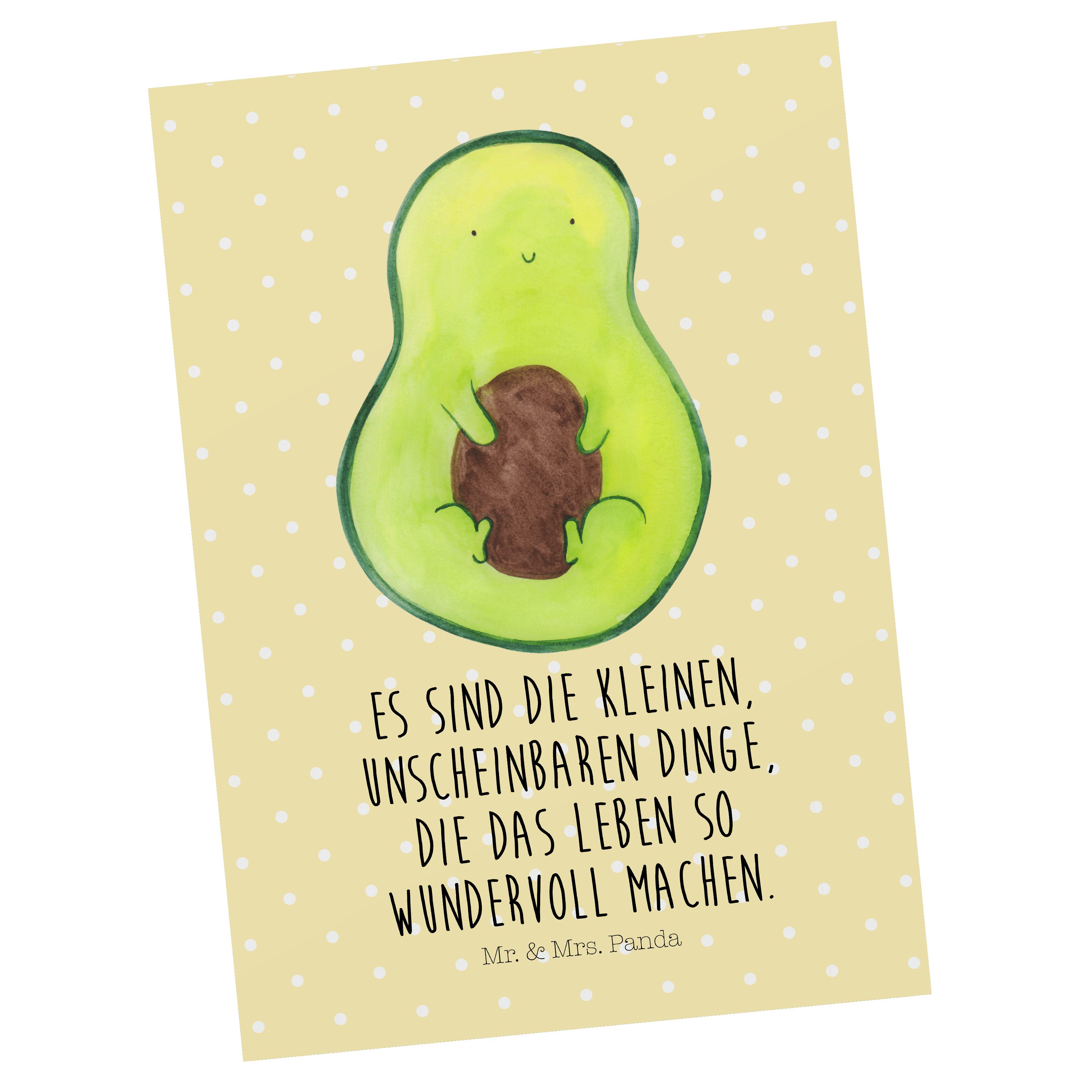 Mr. & Mrs. Panda Postkarte Avocado mit Kern - Gelb Pastell - Geschenk, Einladung, Veggie, Pflanz